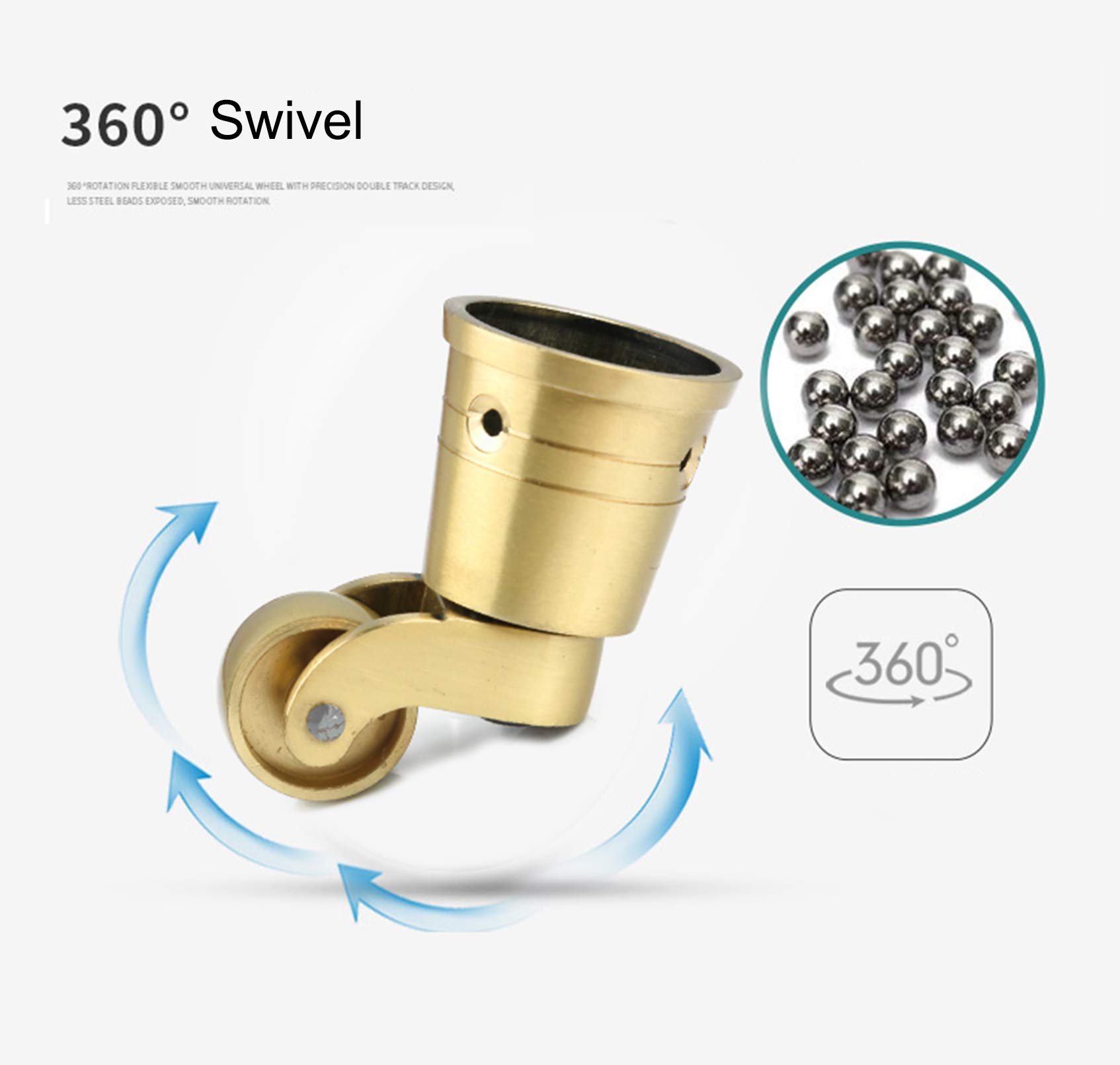 Ciężkie obrotowe koła Zestaw 4 mosiężnych kółek meblowych 22 mm, obrotowych o 360 stopni, o udźwigu 150 kg