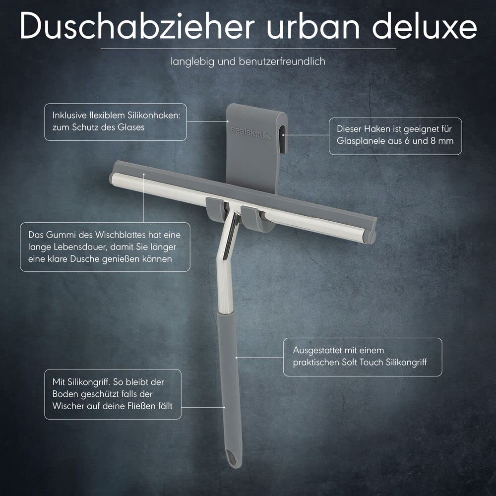Sealskin Urban Duschabzieher, Glaswischer für Dusche und Fenster, praktischer Abzieher inklusive flexiblem Halter aus Silikon sowie Schraubhaken, Griff: Edelstahl poliert, Grau