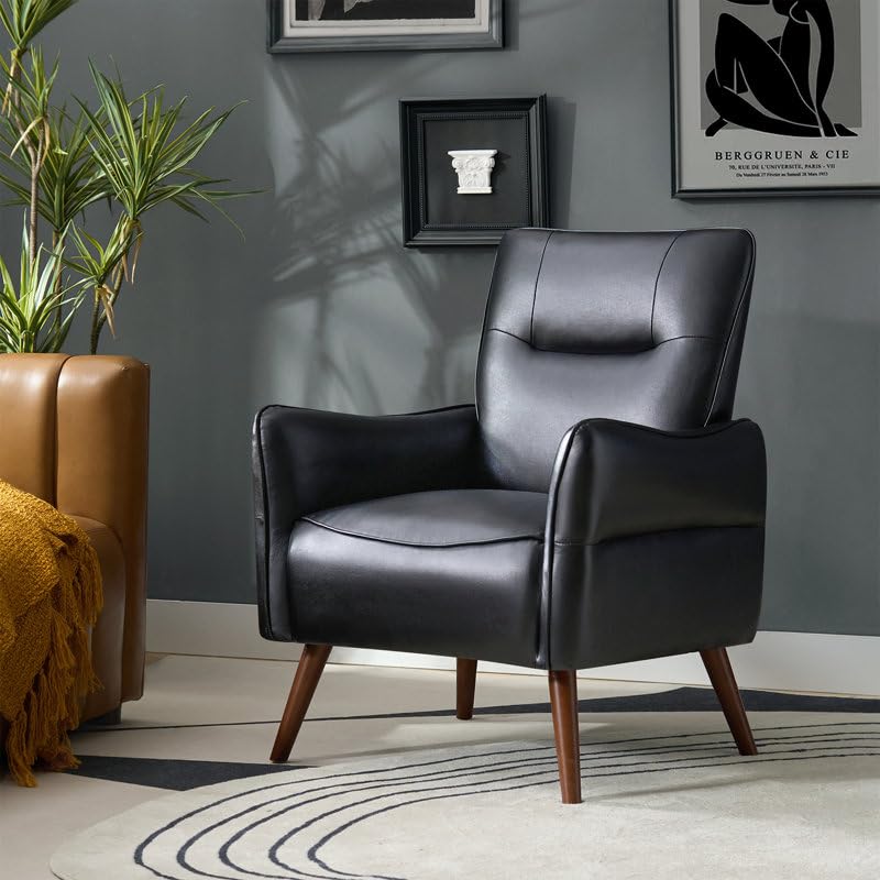 Amylee Modern Faux Leather Armchair with Solid Wood Legs – Stylish Accent Chair for Living Room & Bedroom (Black)-image-46