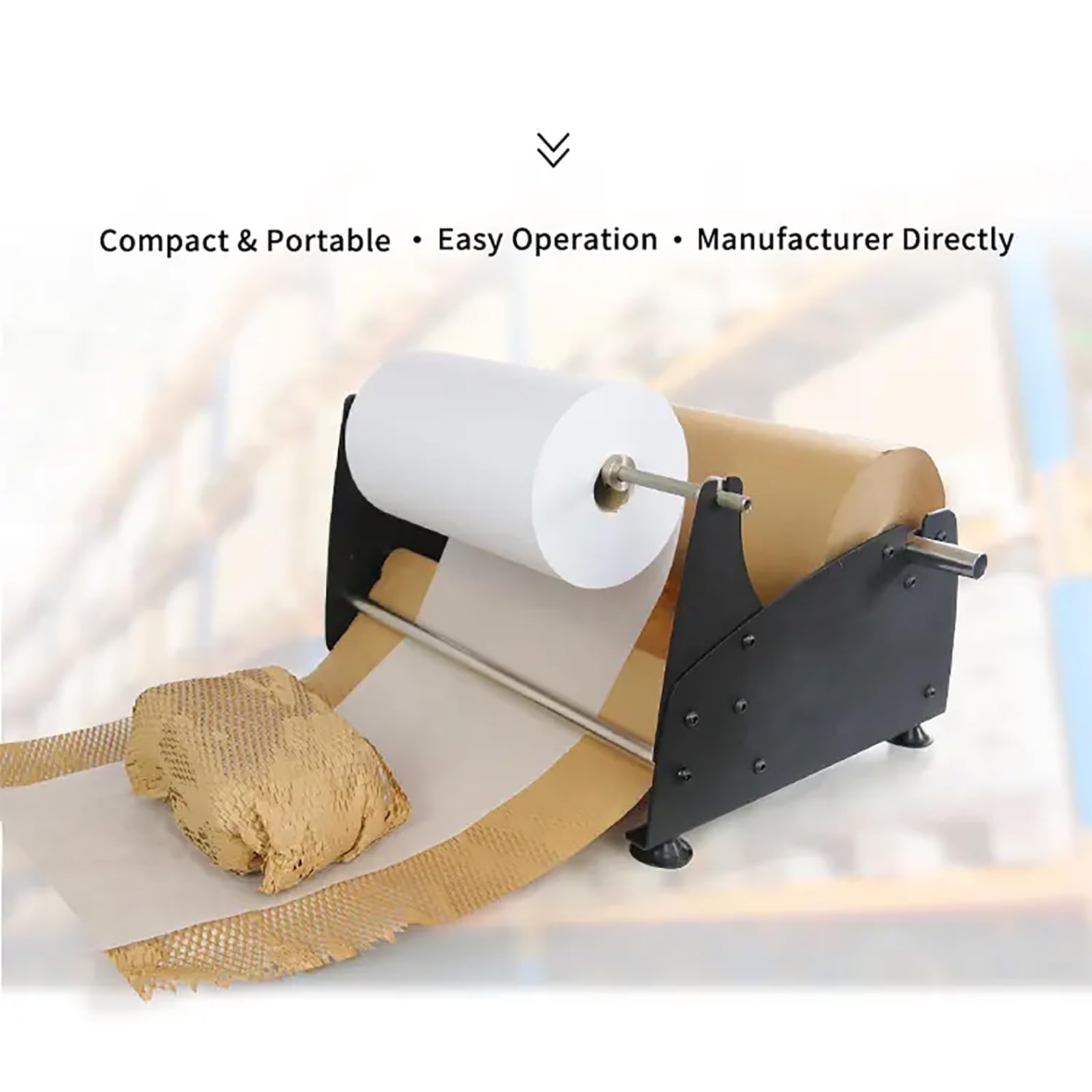 Dispensador manual de papel de panal para envolver rollos | Tensión ajustable, base antideslizante, acero resistente, operación manual, para cerámica y artículos frágiles.