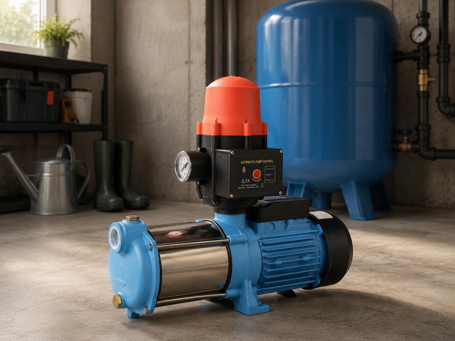 Wasserpumpe MAX-H 1300 mit Elektronische Druckschalter BRIO - Pumpensteuerung - Gartenpumpe (1300 W, 6000 l/h, Förderhöhe 55m) - Gußeisen Edelstahl INOX - Einschaltdruck einstellbar Trockenlaufschutz