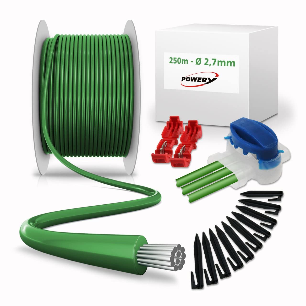 250m cable delimitador (2,7mm) + 300 ganchos + 10x conectores de cables + 4x terminales para robot cortacésped