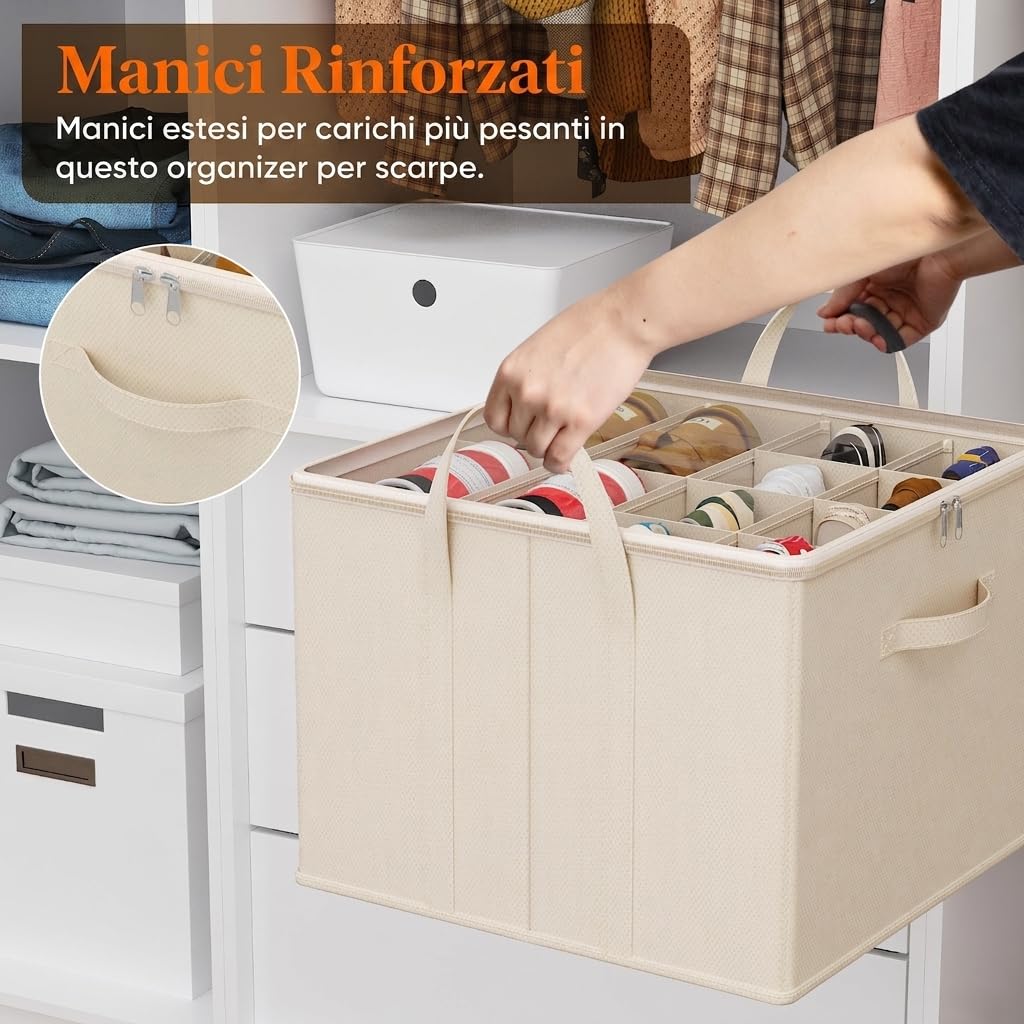 Lifewit Organizer Scarpe Armadio Pieghevole, Scatole per Scarpe Salvaspazio con Coperchio per 12-16 Paia, Shoes Organizer con Supporto Inferiore e Manici Rinforzati, Beige, Set di 2 per 24-32 Paia