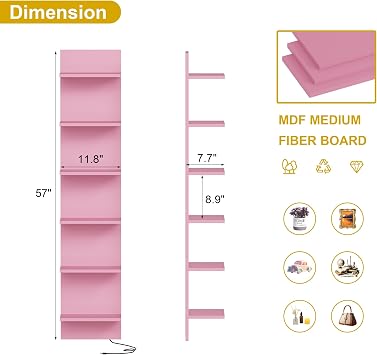 Qupui 6-Tier Wall Shelf with RGB LED, 57 Floating Storage, Pink