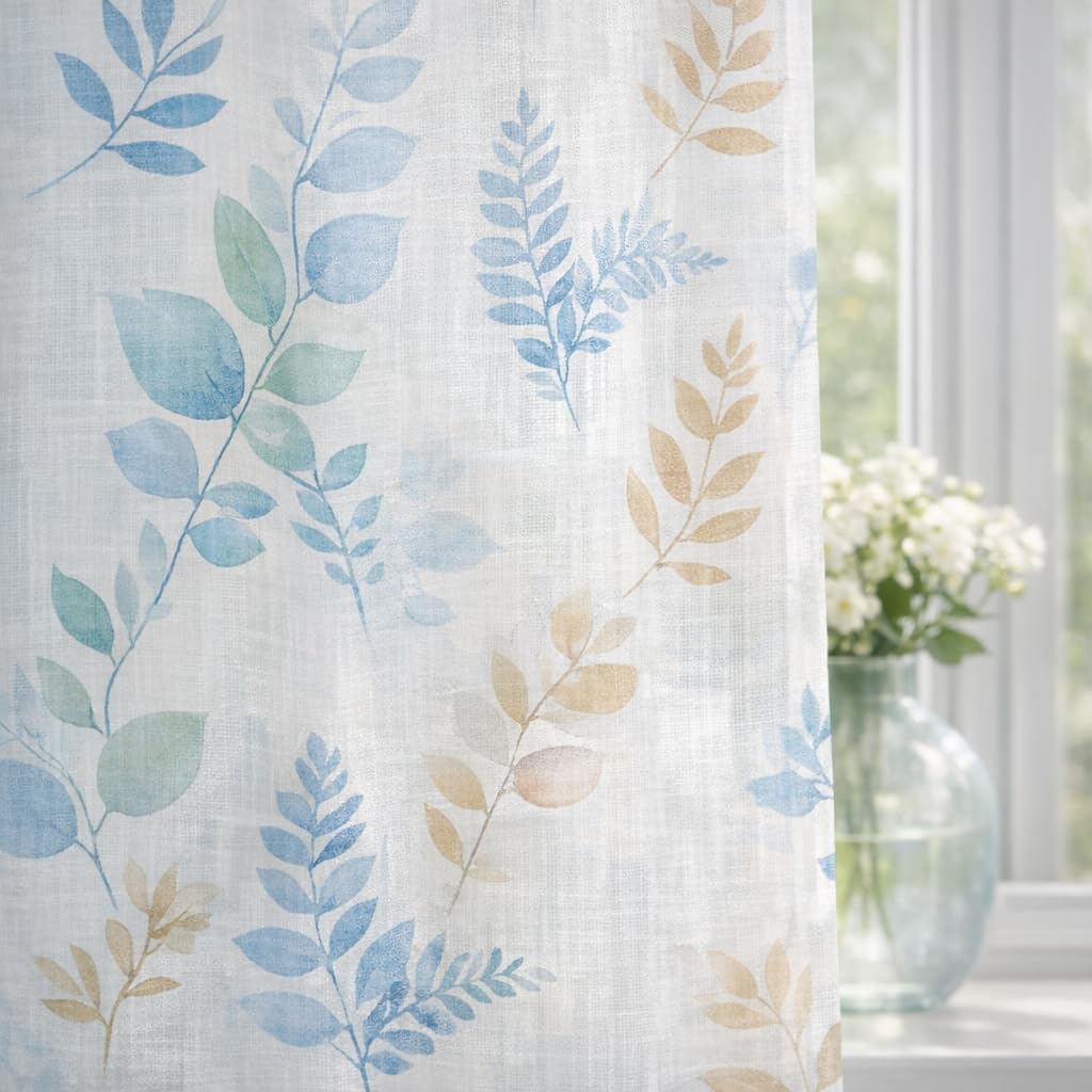 Home Tresor - Coppia Tende a Vetro | Tendine per Interni Primaverili Estive Stampa Foglie Floreale per Finestre e Porte, Cucina, Bagno,Soggiorno Mod. ARISTEA - 60x240 cm, Azzurro/Verde