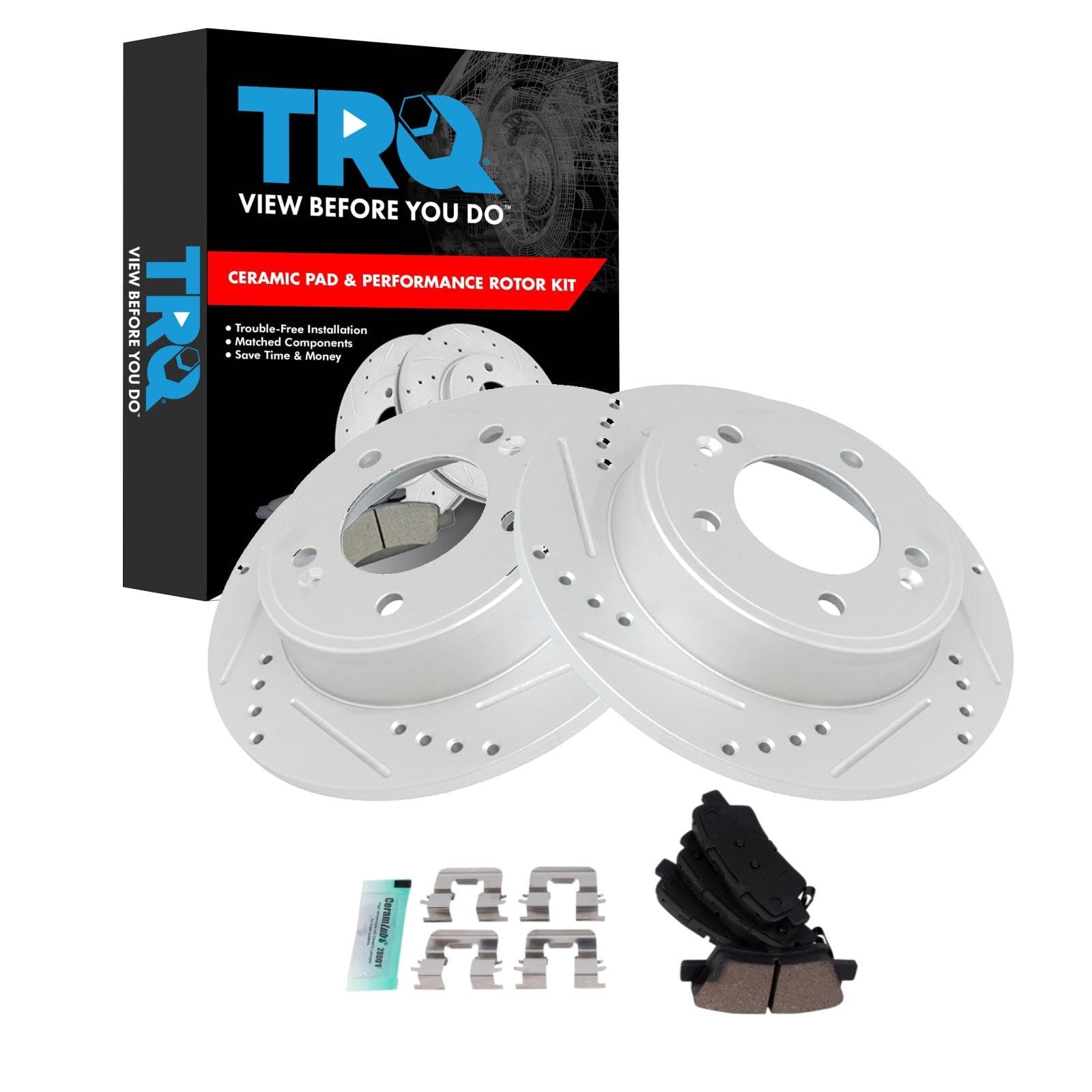 TRQ Performance Rear Brake Pad and Rotor Set Ceramic Coated Drilled Slotted Rotors Compatible with 2019 Hyundai Veloster 2019-2022 Kia Forte