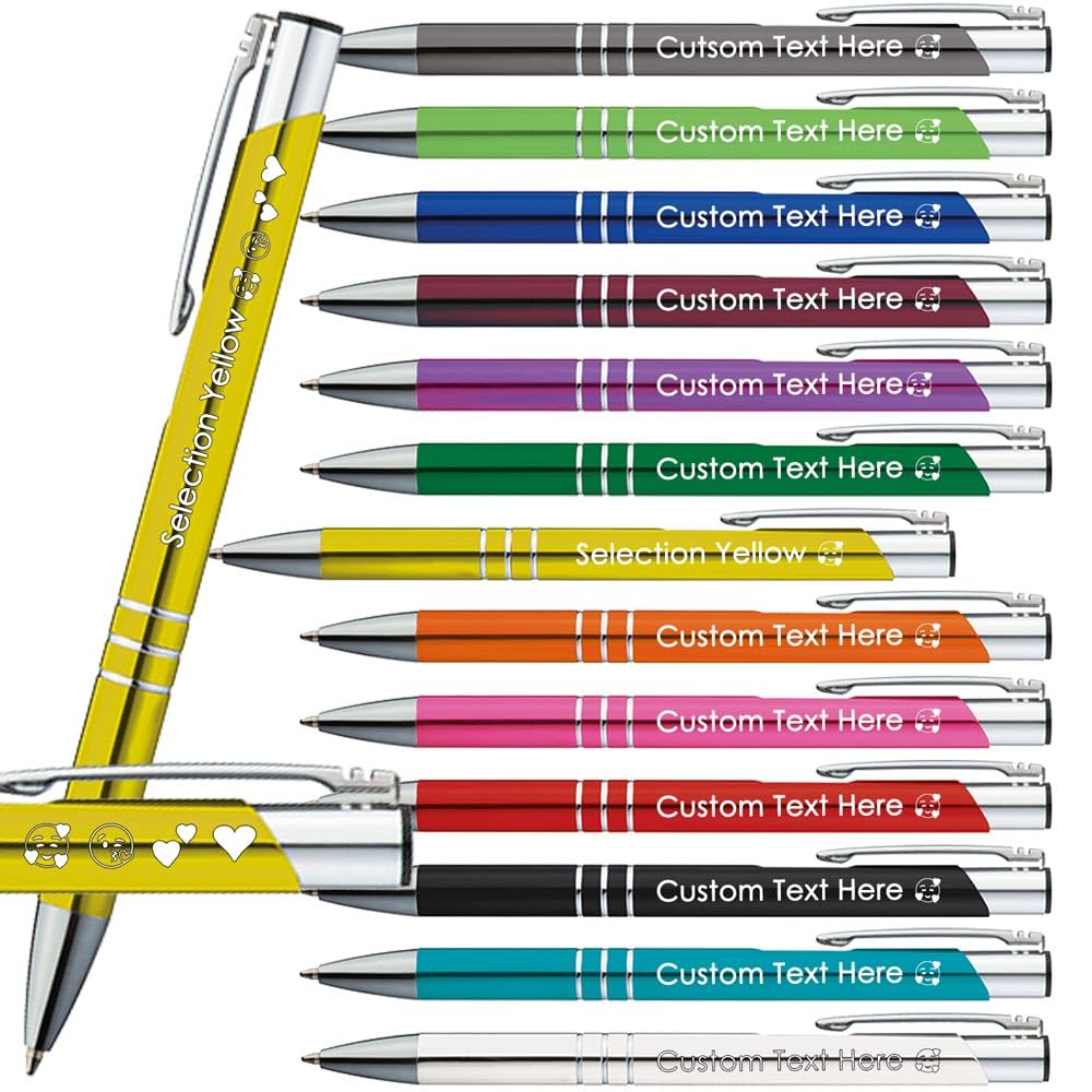 Juwelier Schönschmied Ballpoint Pens with Engraving | Emojis Engraving Possible | 13 Colours | Promotional Ballpoint Pens with Desired Engraving | Personalised Pens (Yellow, 50)