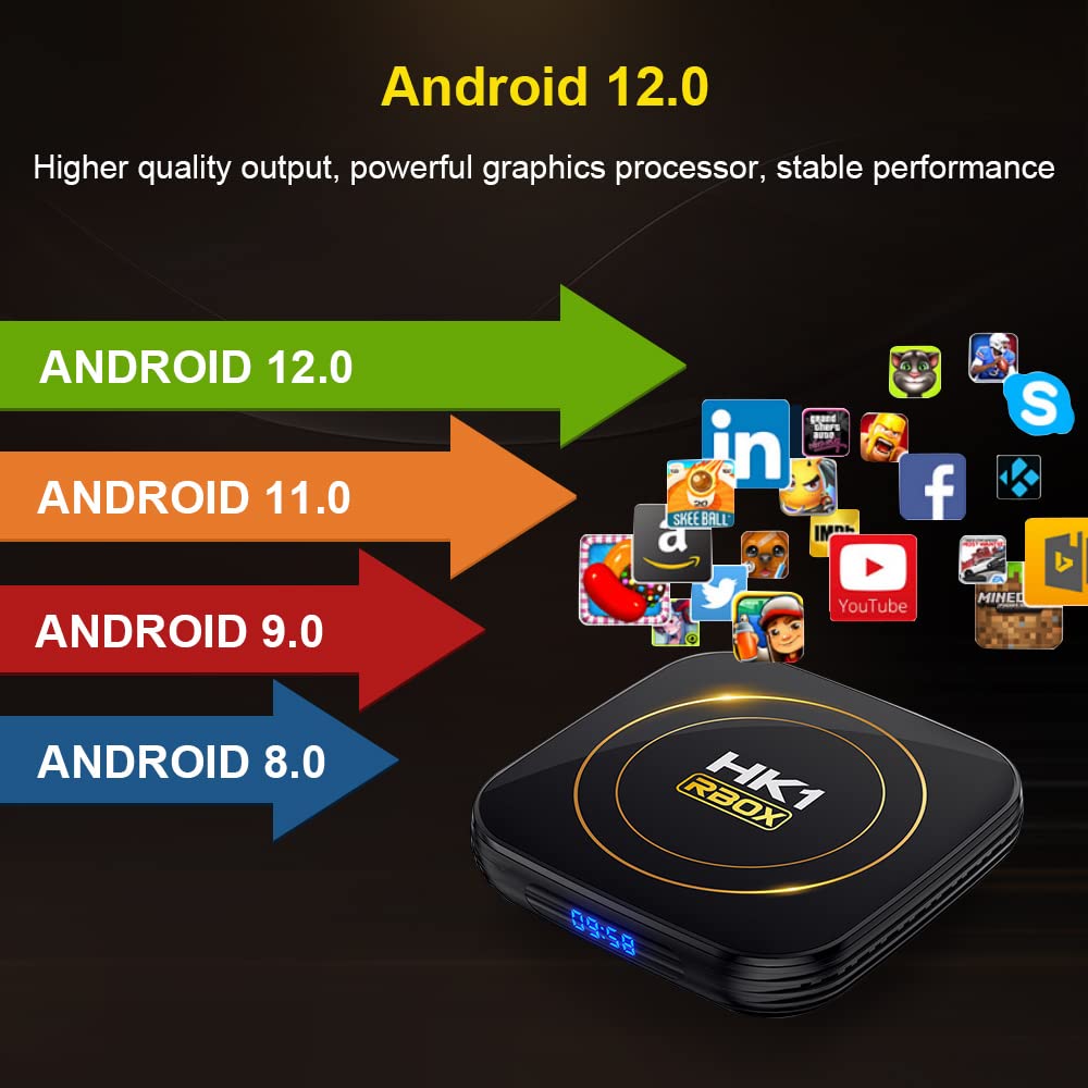 Android 12.0 TV Box, HK1 RBOX mit 4 GB RAM und 64 GB ROM, 64-Bit-Vierkernprozessor H618, unterstützt 2,4 GHz/5,8 GHz WLAN und BT 4.0, 8K H.265-Decodierung für Multimedia-Player