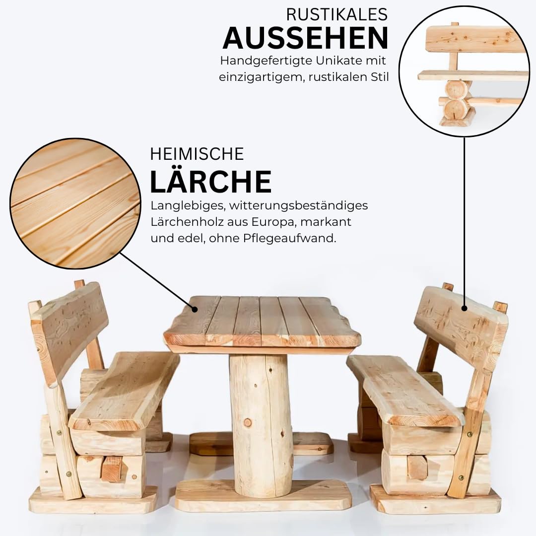 Mega Holz Gartengarnitur Lärche Rustikal 200 cm - Aus heimischer Lärche, naturbelassen - Garten Lounge Set aus massivem Holz 3-teilig - Gartenmöbel für Terrasse, Garten & Balkon, fertig montiert
