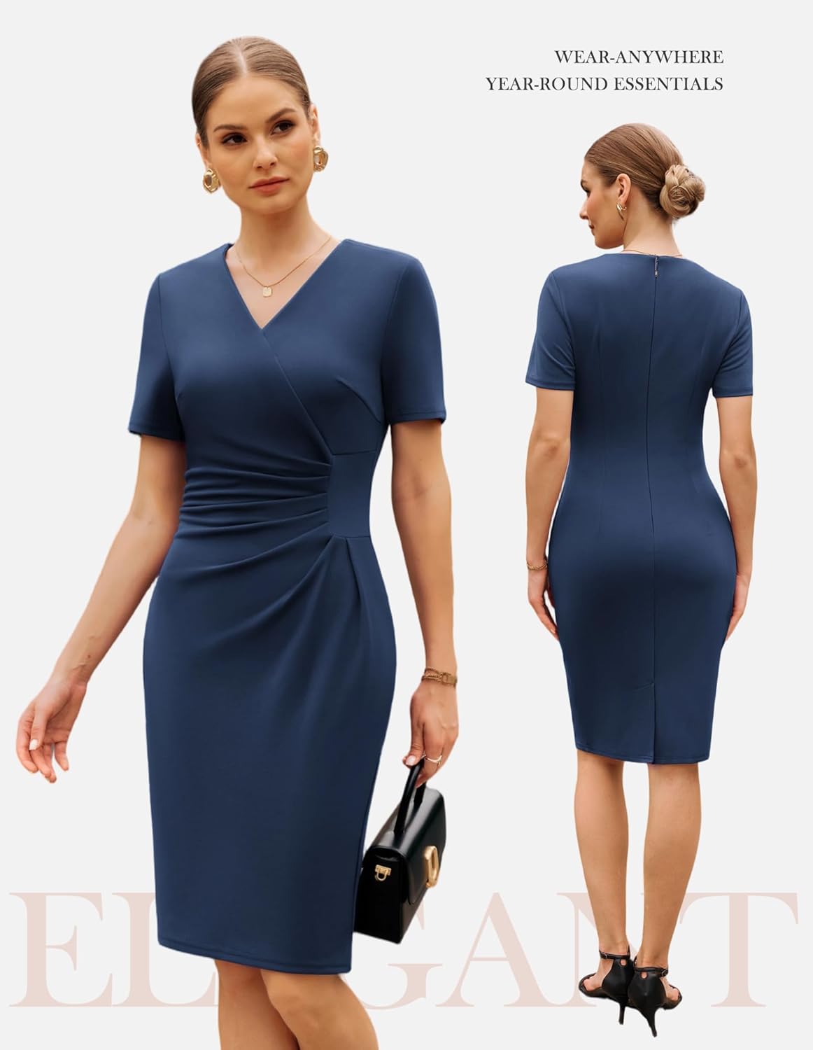 GRACE KARIN Work Dresses for Women 2026 Short Sleeve Elegant Church Dresses Ruched V-Neck Sheath Bodycon Dress - Image 3
