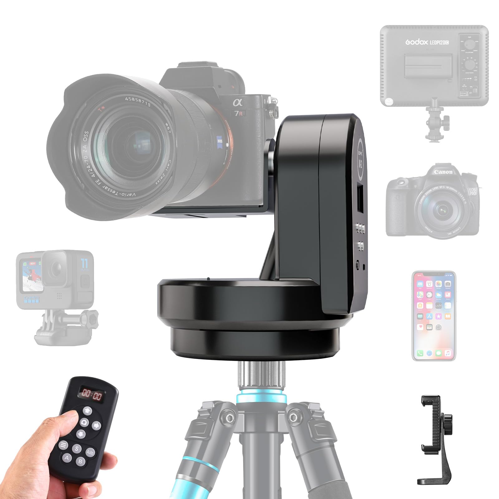 Soonpho M2 Tête de trépied panoramique électrique motorisée à 360 degrés avec Pince pour téléphone et télécommande et Reconnaissance des gestes AB Deux Points pour DSLR,Trépied,Téléphone