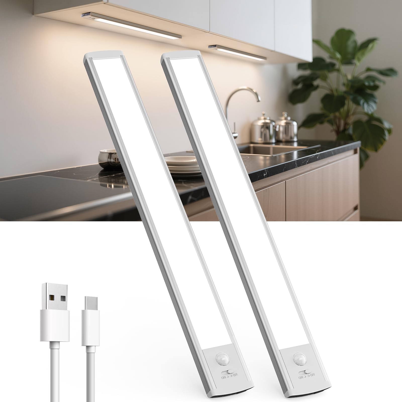 2200 mAh USB-C Rechargeable LED Lighting Motion Sensor Lamp for Wardrobe, Closet, Staircase (40 cm, 2 Pieces)
