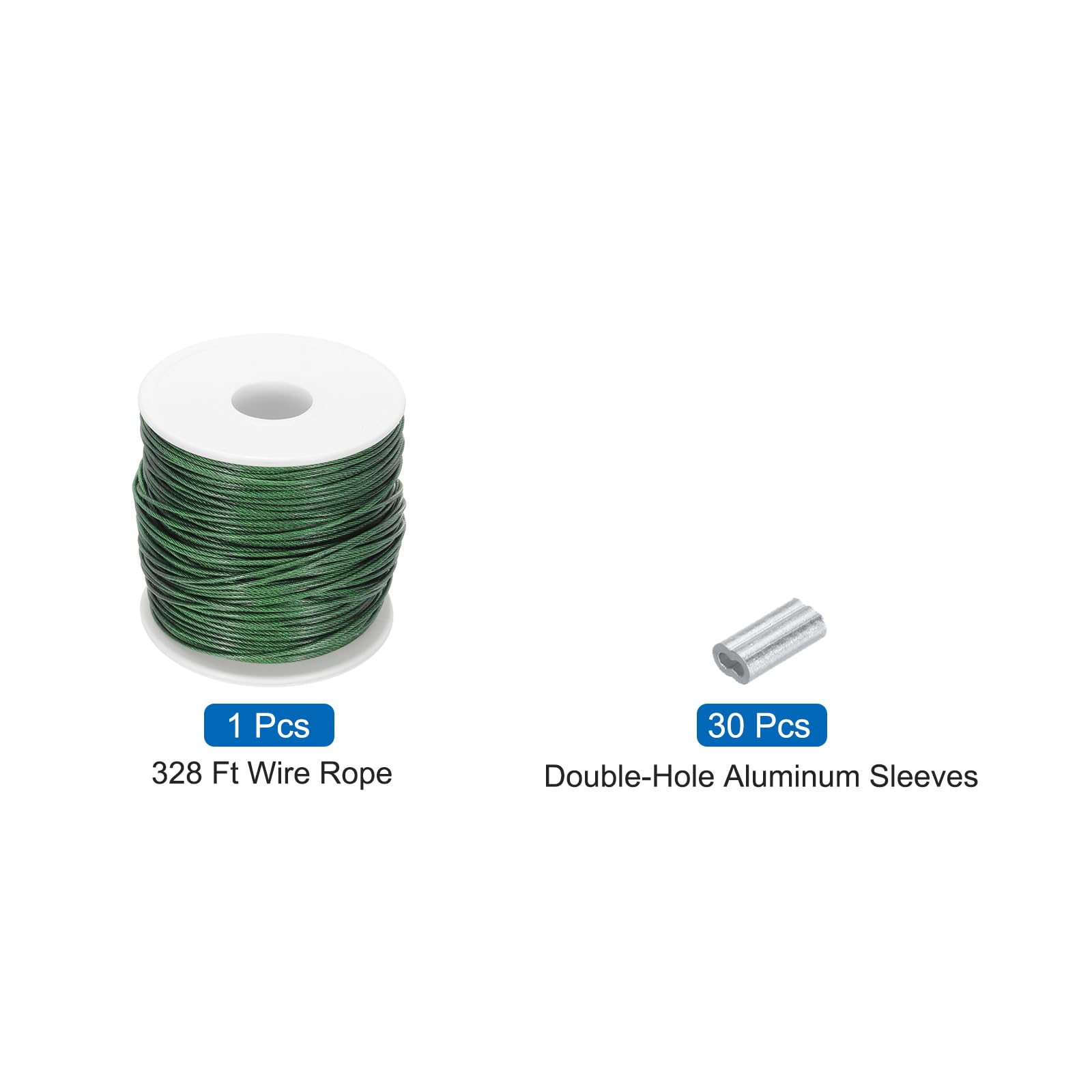 QUARKZMAN 100M x 1,5mm (328Ft x 1/16") Fune Metallico Cavo Acciaio Inossidabile 304, Tenditore Tirante con 30pz Manicotti Alluminio per Appendere Stendibiancheria Sollevamento, Verde