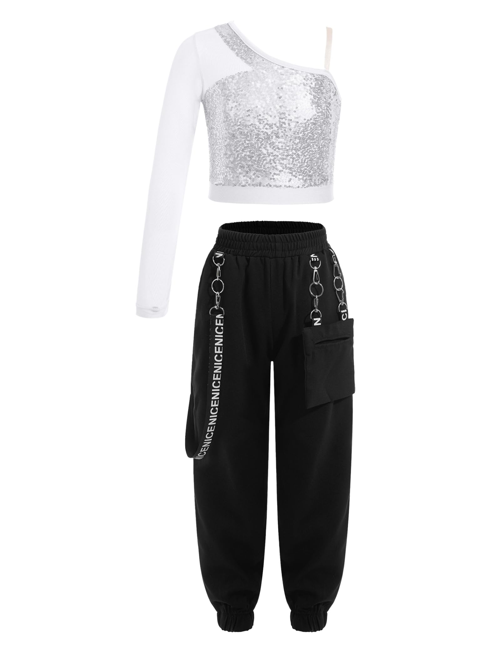 Kinder Mädchen Hip Hop Pailletten Langarm Crop Top Cargohose Trainingsanzug Street Dance Outfit