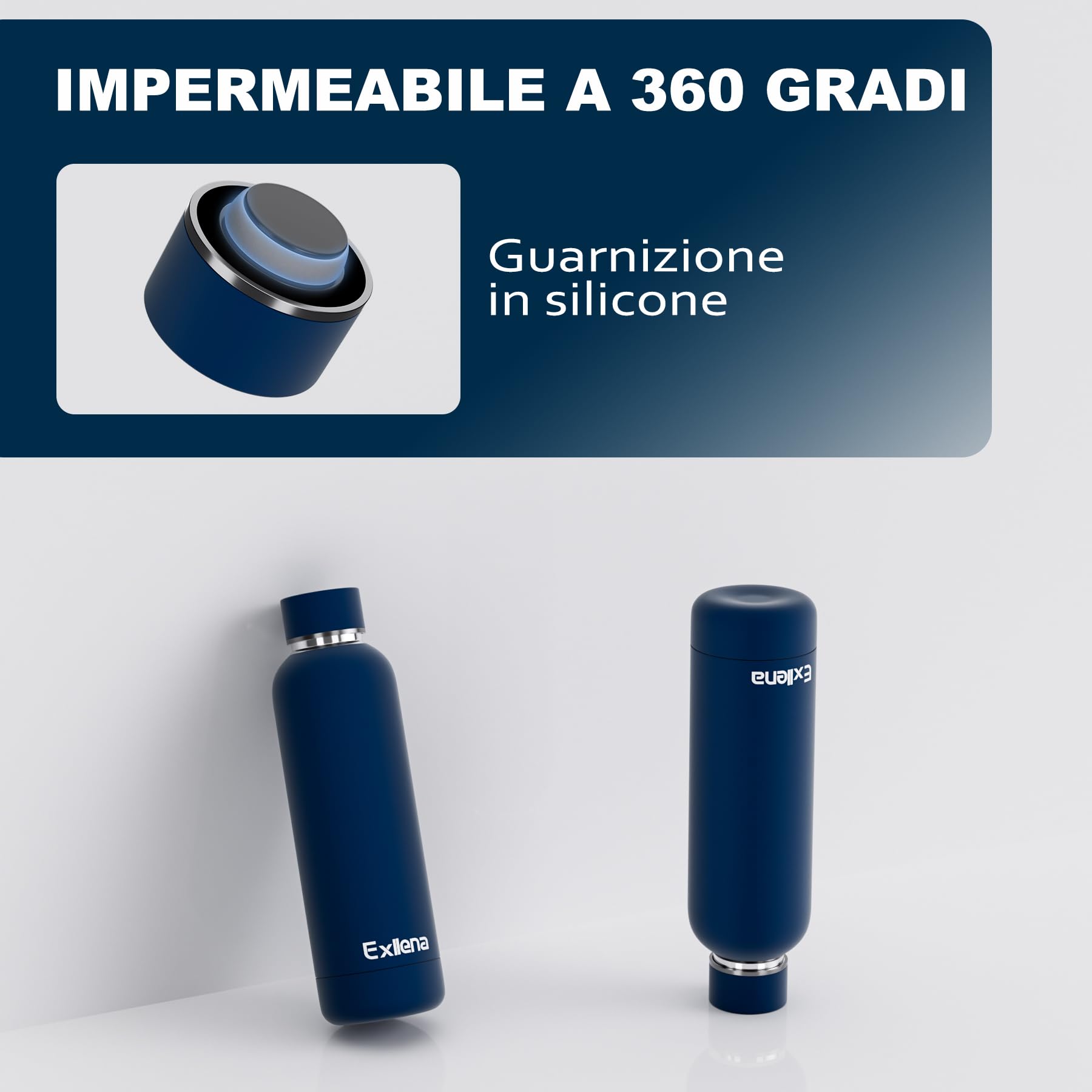 Exllena Borraccia Termica 500 ml - Bottiglia Termica Doppio Vuoto Mantenere Calore/Freddo - Senza BPA - 100% A Tenuta Stagna con Anello per Tote (Blu Navy)