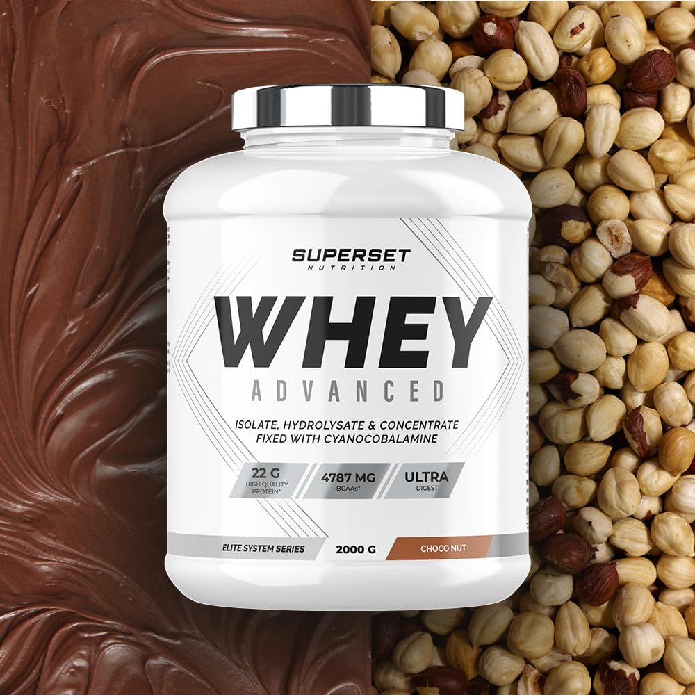 Superset Nutrition - 100% Whey Proteine Advanced (2kg) - 74% de protéines - Isolat + Concentrat + Hydrolysat, Digestion optimisée, Riche en BCAA et en glutamine - Choco-Nut