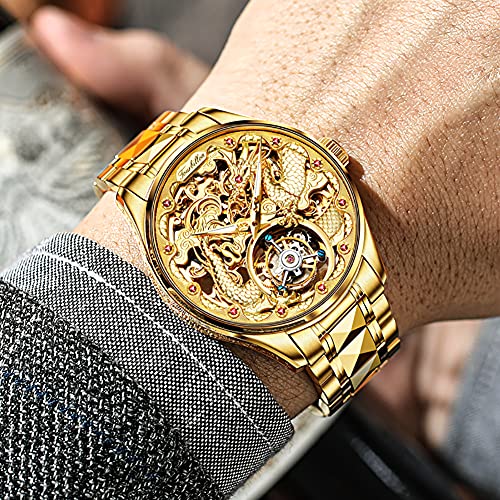 Image of OUPINKE Men's Watches Automatic Self-Winding Luxury Diamond Mirror Skeleton Mechanical Watch Date Dress Business Tungsten Steel Waterproof Luminous Wrist Watches for Men