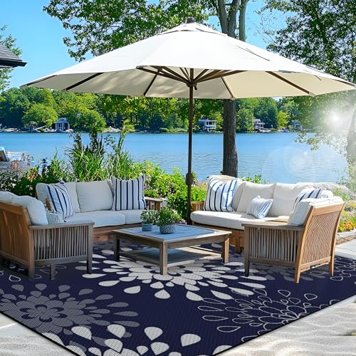 Image of Wallona Outdoor Rug 8x10 ft, Flower Blue & White | Waterproof Reversible Patio Carpet for RV, Outside Camping, Deck, Porch, Balcony, Beach