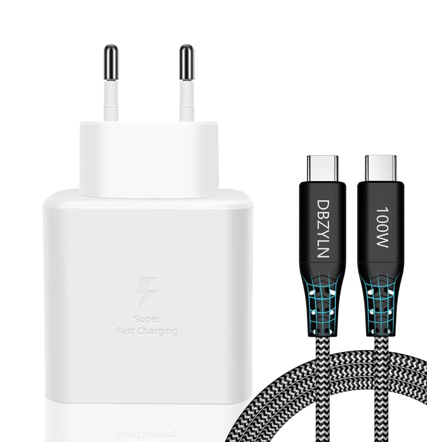 DBZYLN Caricatore 45W per Samsung Galaxy S24,S23,S22 Ultra,S24+ S23+,S22+,S21,S20,A54,Galaxy Tab S8 Ultra Caricabatterie Tipo C Ricarica Rapida USB C Carica Alimentatore con Cavo in Nylon - Bianco