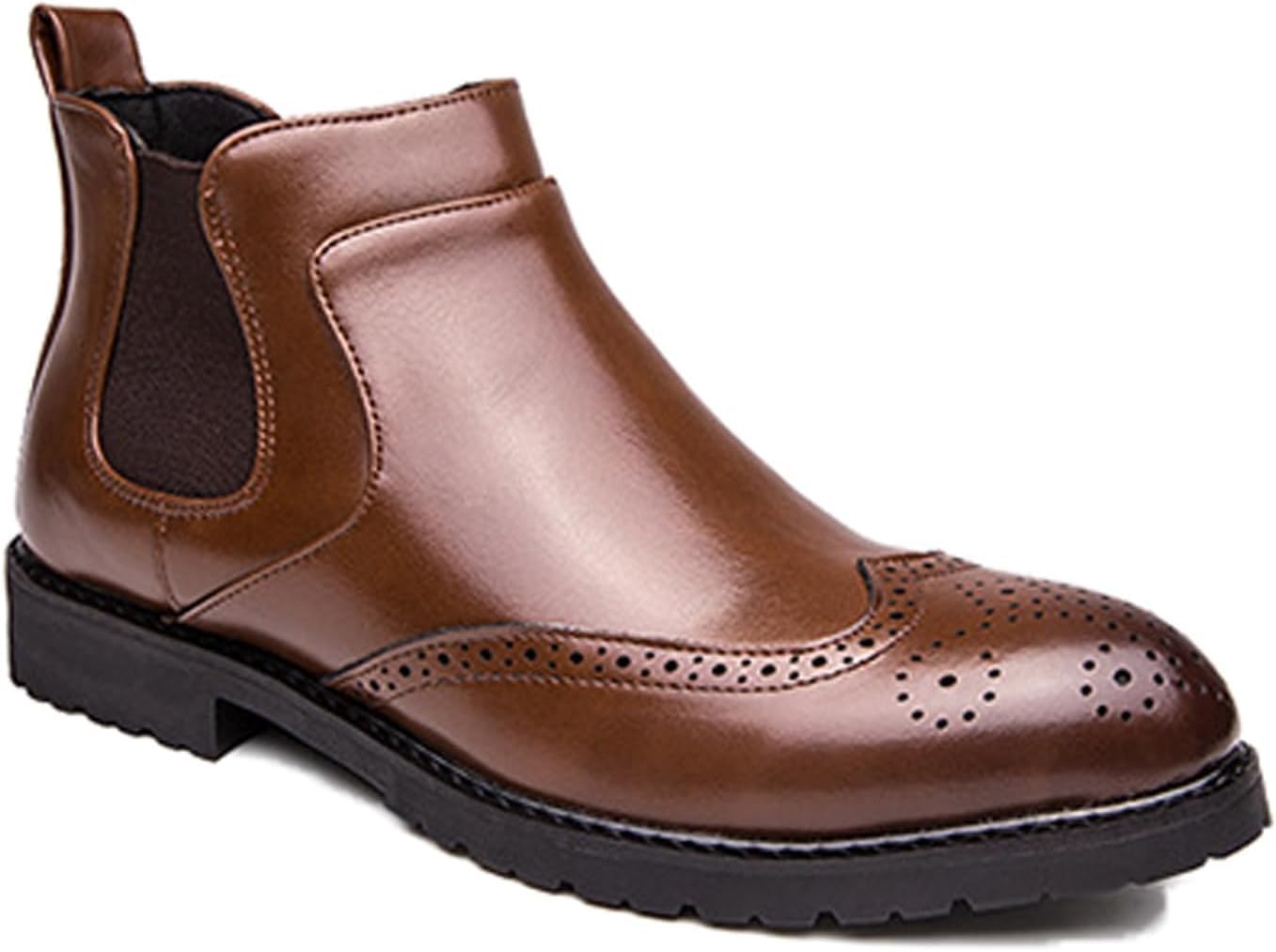Chelsea Short Boots Leder Retro Brogue Chukka Stiefeletten Elastische Slip-on Formal Dress Boots, Brown, 5.5 UK
