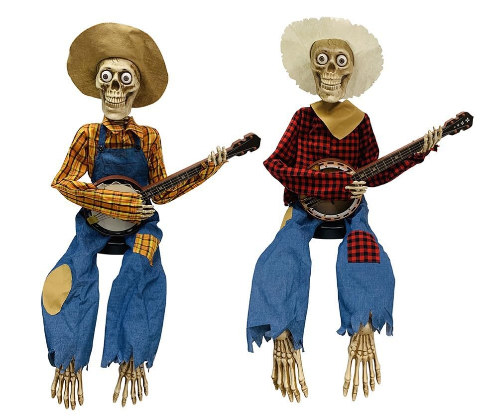 Skelett Lebensgroß Animierte Duell Banjo Skelette Spielende Bewegung Musikalische Mehrsprachige Banjo Skelette Duo Halloween Innendekoration Banjo Skelette Horror Nacht (Gelb Kann glänzen)