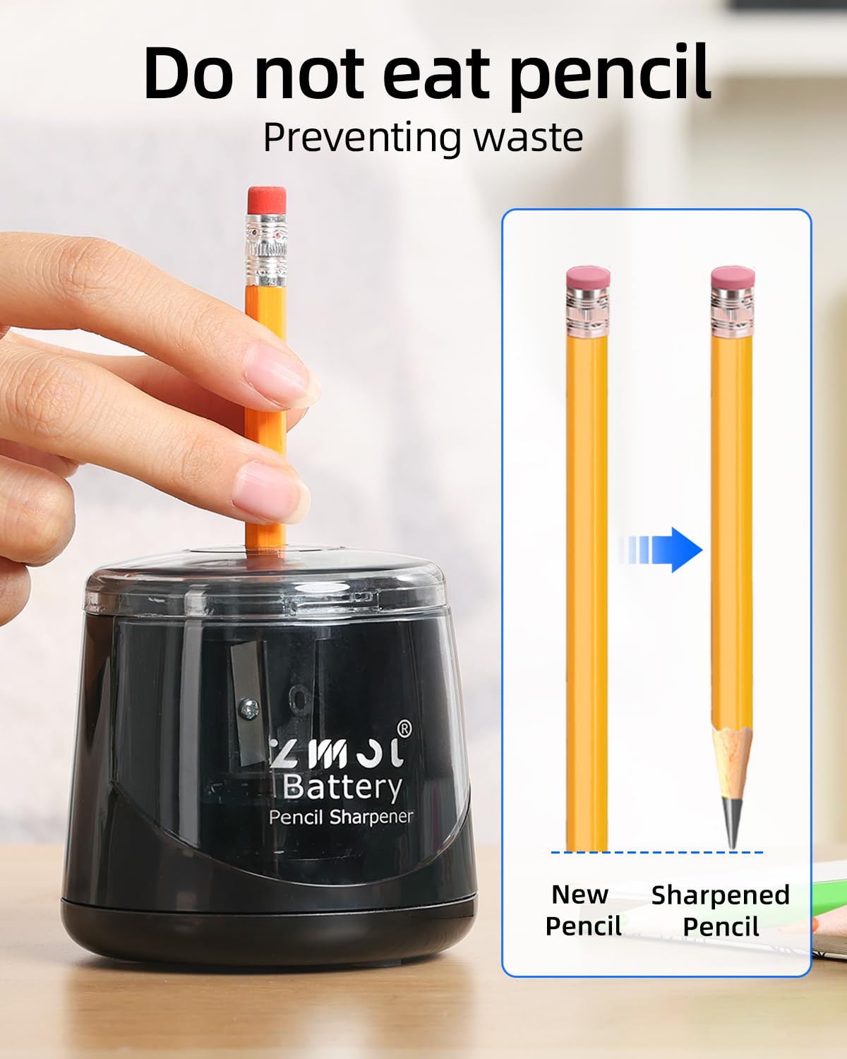 Taille-crayon électrique, alimenté par batterie ou USB, taille de pointe réglable, bleu