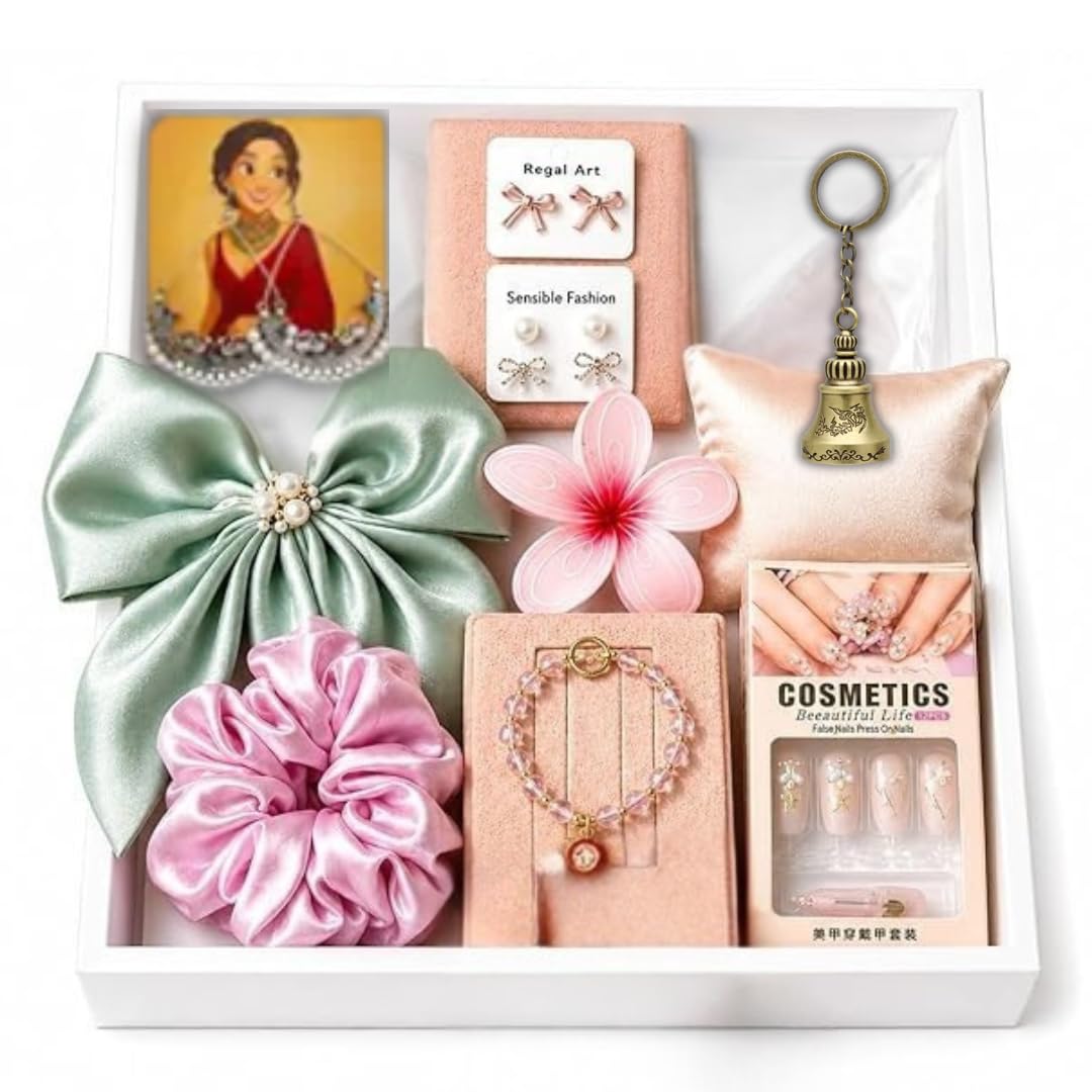 Gift Hamper for Women & Girls | Jewelry & Beauty Combo Set with Scrunchie, Hair Bow, Bracelet, Earrings & Nail Kit | Gift for Birthday, Anniversary, Rakhi, Valentine | Ready-to-Gift Box-image-34