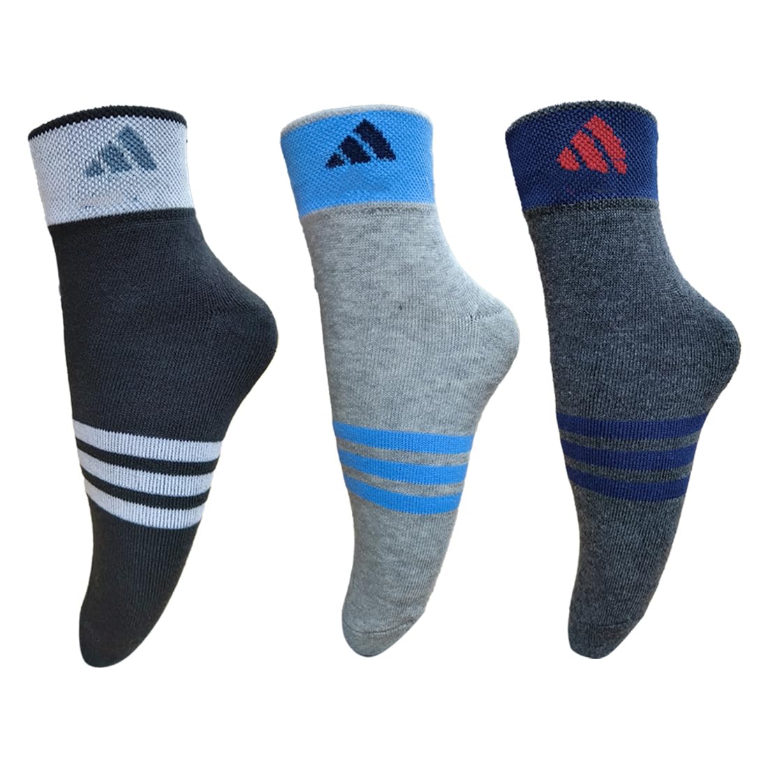 Men’s Ankle Length Sports Socks – 3 Pairs Free Size Cotton Cushion Durable Multi-Purpose Socks, Assorted Combo (Black, Grey, Dark Grey)-image-40