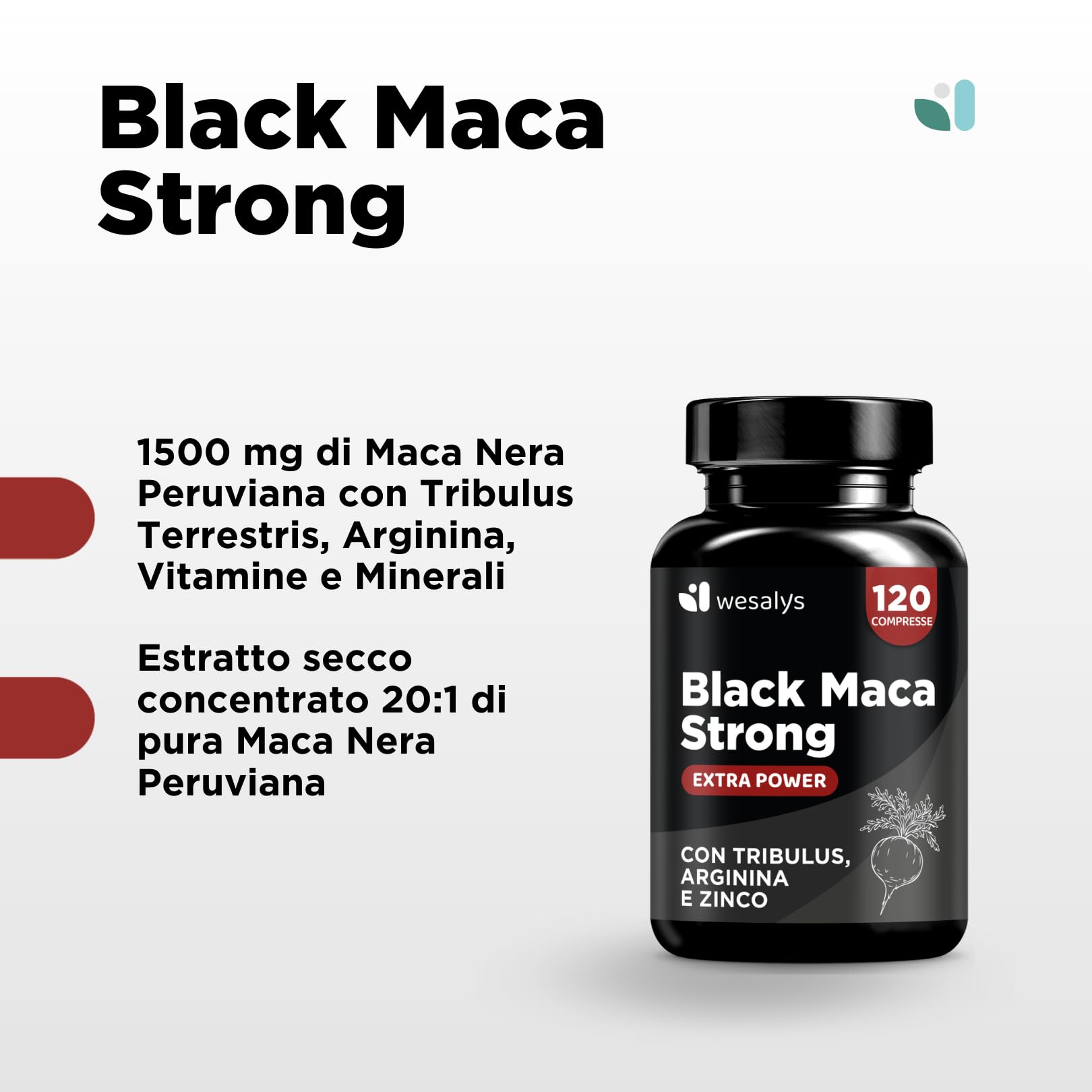 Maca Peruviana Nera Estratto Puro 20:1, 30.000 mg + Tribulus Terrestris + Arginina + Zinco | Integratori Made In Italy | Mass | Maca Wesalys