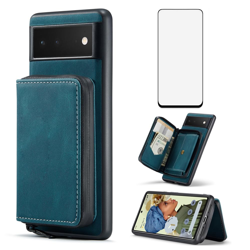 Phone Case for Google Pixel 6 Pro Wallet Cover with Tempered Glass Screen Protector and Credit Card Holder Zipper Leather Cell Accessories Pixel6Pro Pixel6 XL 6XL Pixle 6Pro 5G Women Men Blue