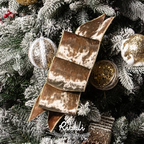 Image of Ribbli Camel Velvet Wired Ribbon 4 Inch Metallic Khaki Crushed Velvet Christmas Ribbon for Gift Wrapping Christmas Tree Decoration Crafts Wreaths Supplies-Continuous 10 Yards