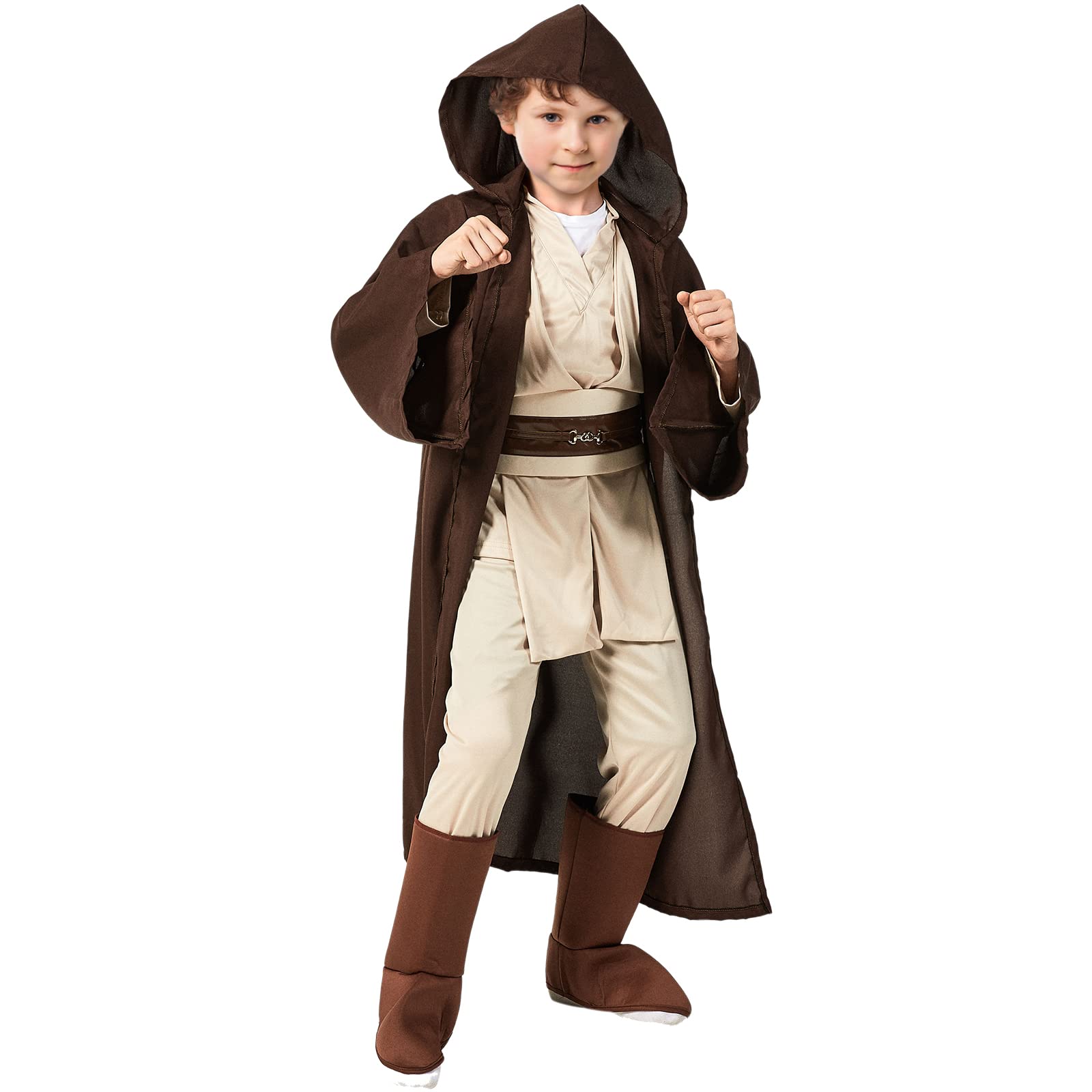 SINSEN Jedi Costume for Kids Jedi Tunic Hooded Robe Belt Lightsaber Top Pant Obi Wan Dress Up Outfit for Halloween Cosplay Party Costume for Boys Girls Ages 3-12 Years - Image 2