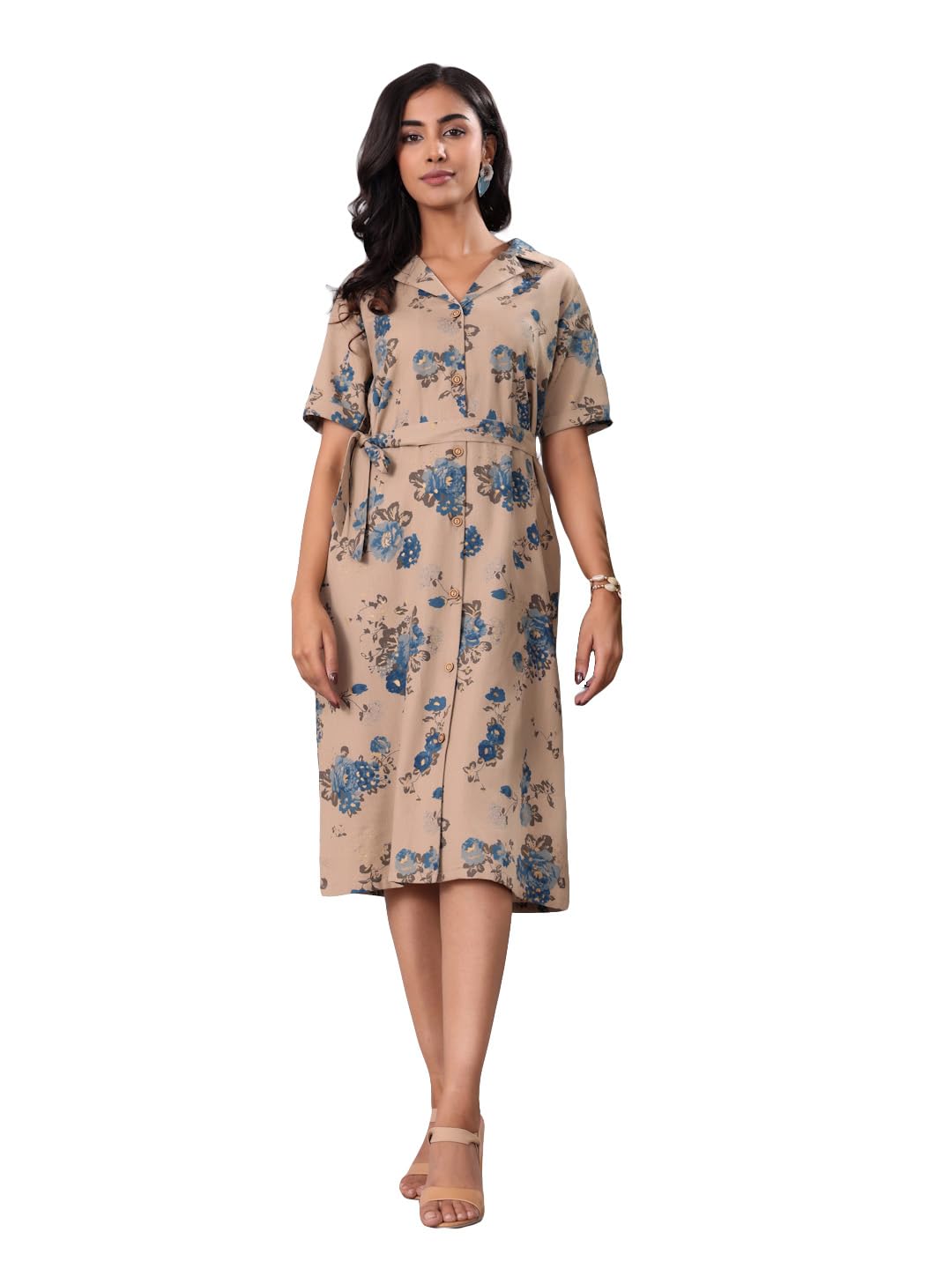Varanga Women Floral Printed Shirt Dress  Stylish, Comfortable, And Versatile For Casual And Semi-Formal Looks Beige
