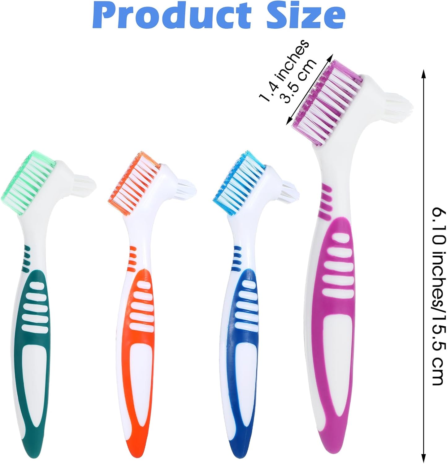 4 Pcs Denture Toothbrush Portable Denture Brushes for Cleaning False Teeth Dual Angled Retainer Brush with White Carrying Case, Multi-Layered Soft Bristles (Purple, Green, Blue, Orange)