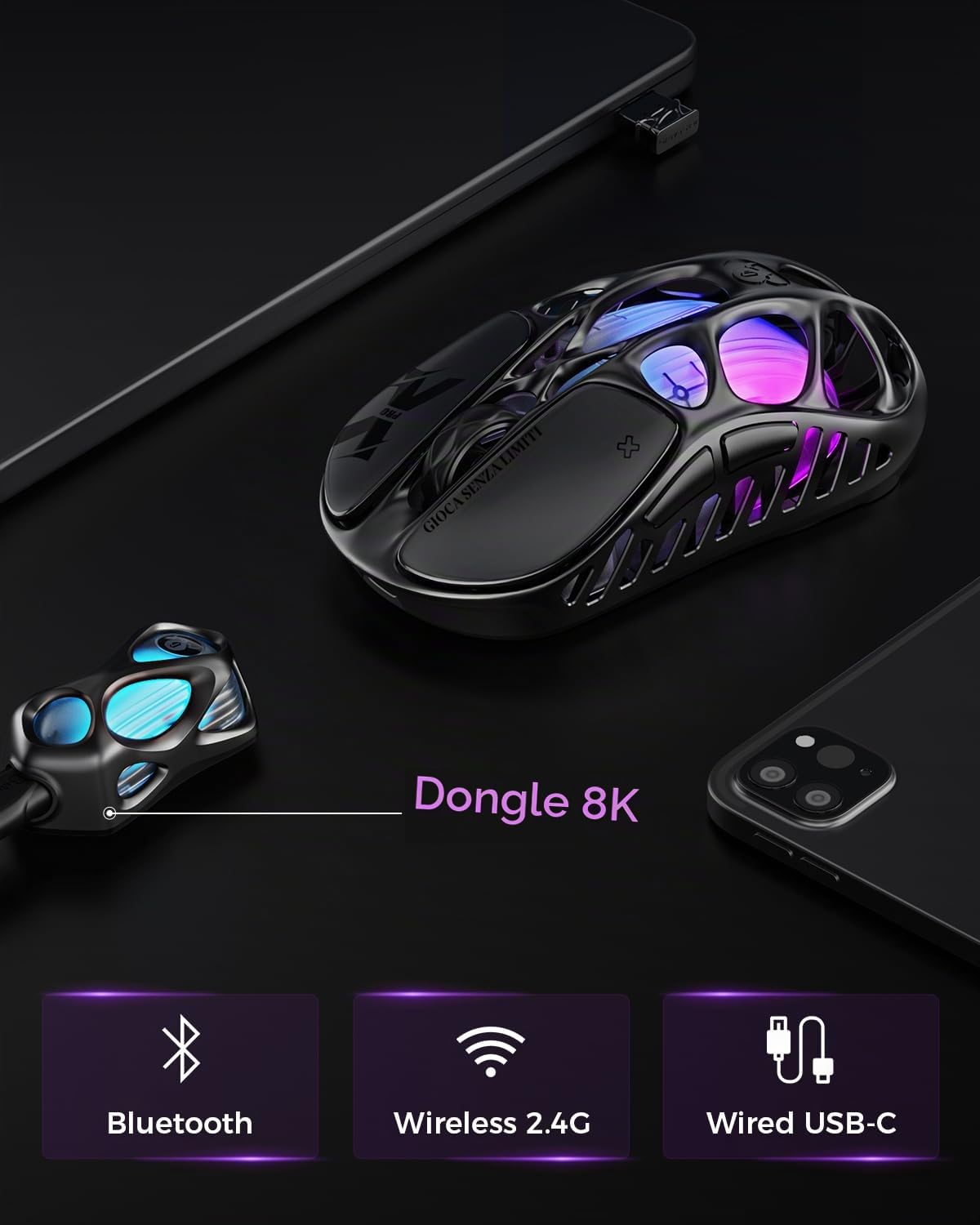 GravaStar Mercury X Pro Mouse Gaming Wireless 8K Ultraleggero 49g | Mouse Gaming con sensore PAW3950, 32.000 DPI e connessione Bluetooth, 2,4 GHz e USB per un controllo preciso