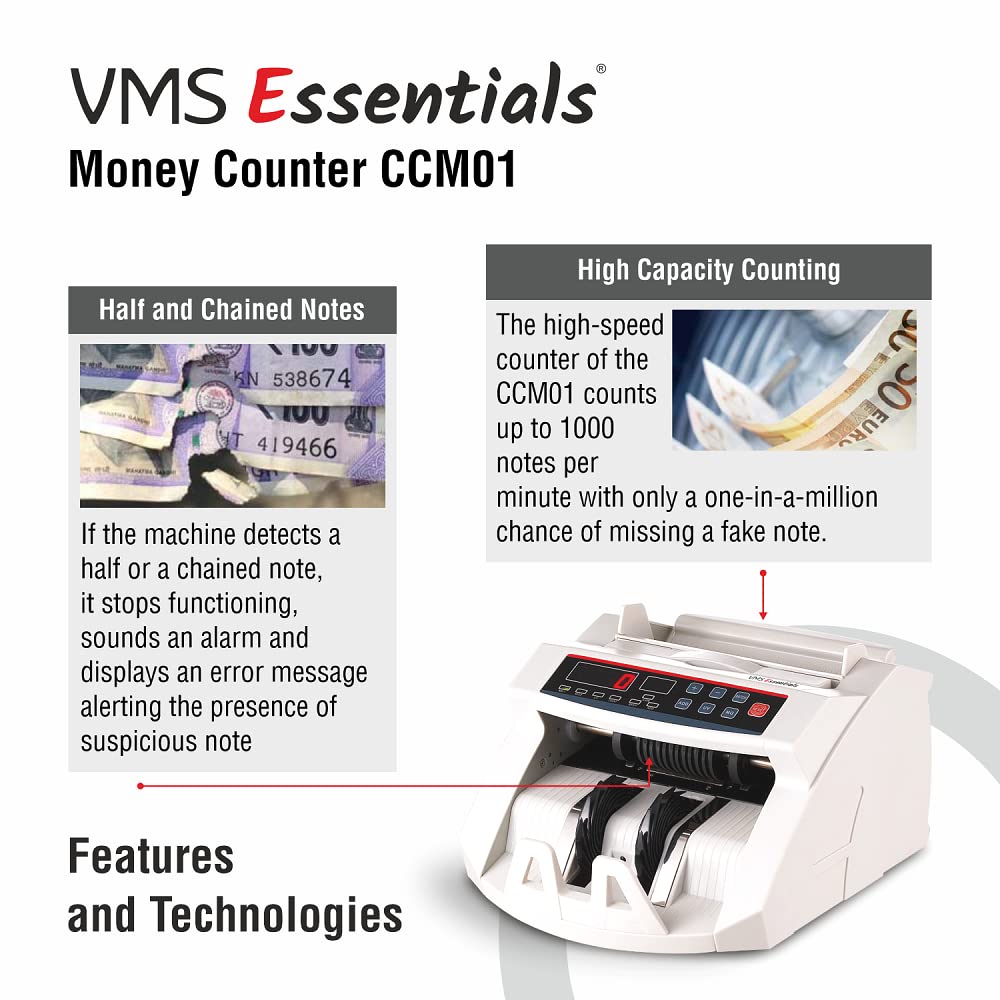 VMS Essentials CCM01 licznik walut – zaawansowane wykrywanie podróbek za pomocą czujników UV, MG, podwójnego wyświetlacza LED i rocznej gwarancji w zestawie