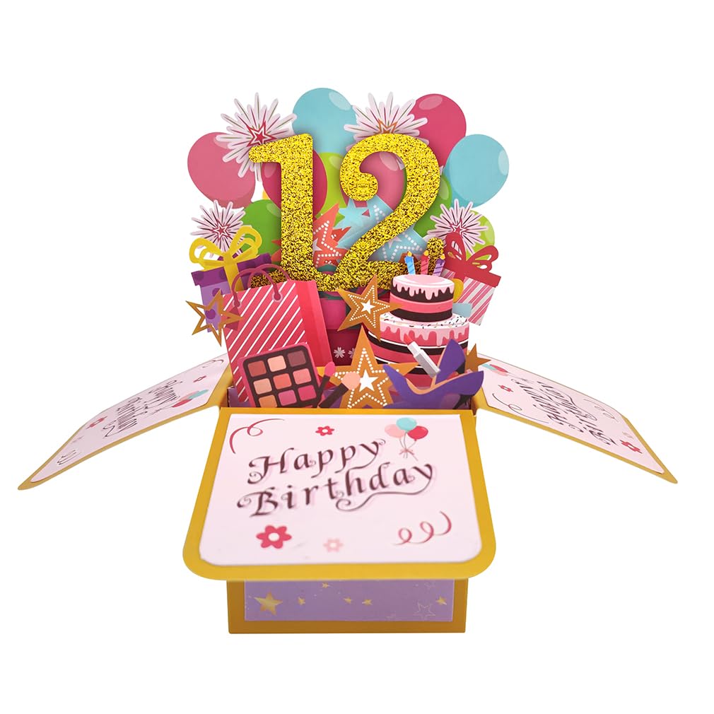 Happy 12th Birthday 12th Birthday Pop Up Card for Girls, 12 Year Old Birthday Gift Idea for Daughter Niece, Funny 12th Birthday 3D Greeting Card for Her