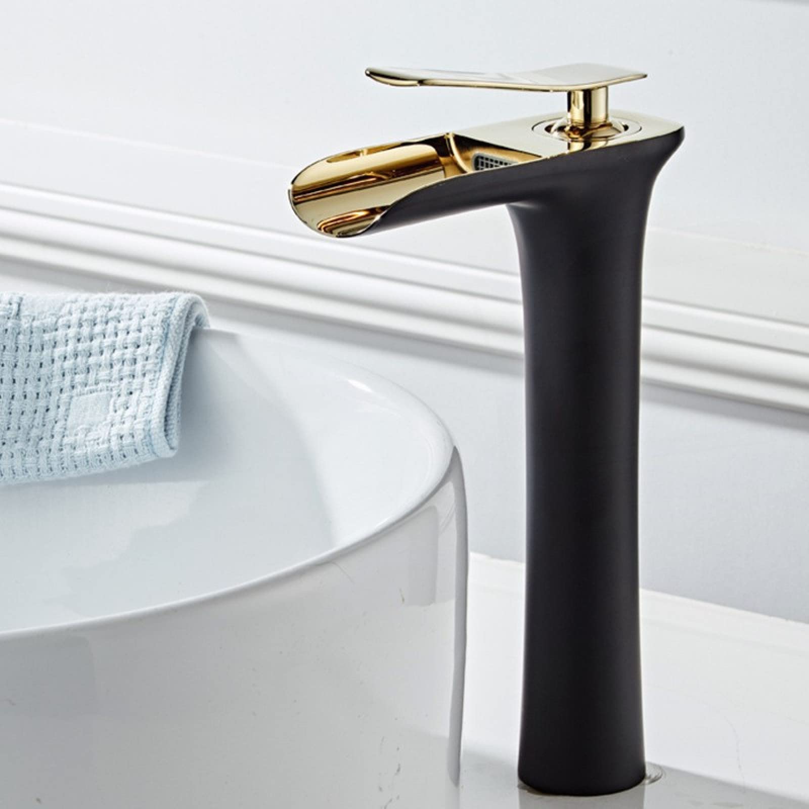 Wasserhahn Badezimmer Wasserfall,Messing Mischbatterie,Mischbatterie Waschbecken Einhebel,Waschtischarmatur Wasserfall,Armatur Bad Wasserfall,schwarzes Gold,Hoch