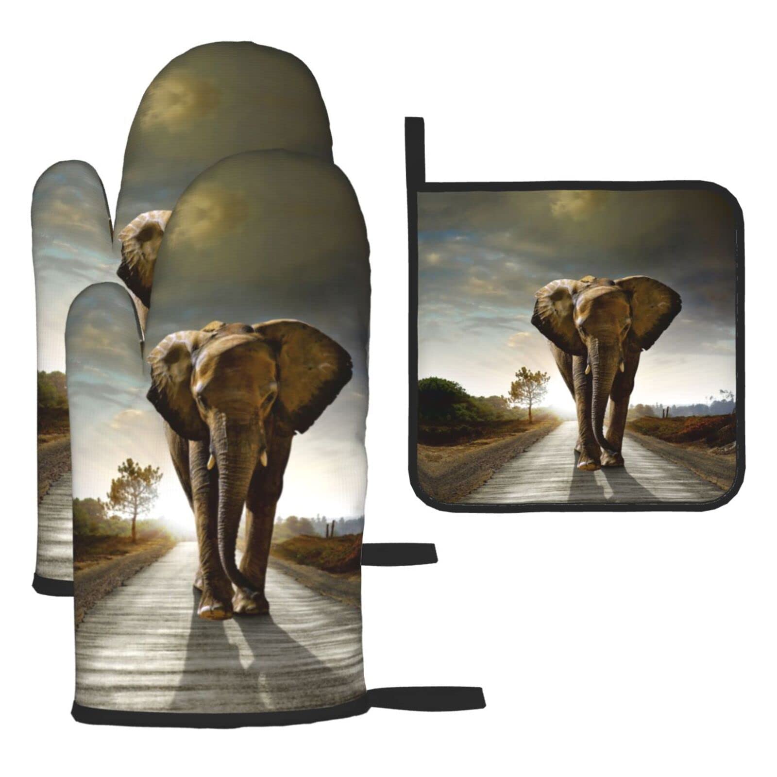 Elephant Oven Mitts and Pot Holder Kitchen Set for Grilling, Cooking, Baking, Heat Resistant