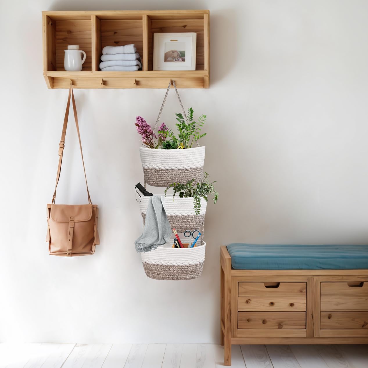 ililmmoe Over Door Hanging Basket for Organizing 3 Tiers Woven Cotton Rope Wall Mount Storage basket Decorative Kitchen Hanging Organizer Bathroom,Bedroom,Baby Room include 1door hook (Mixed Brown) - Image 4