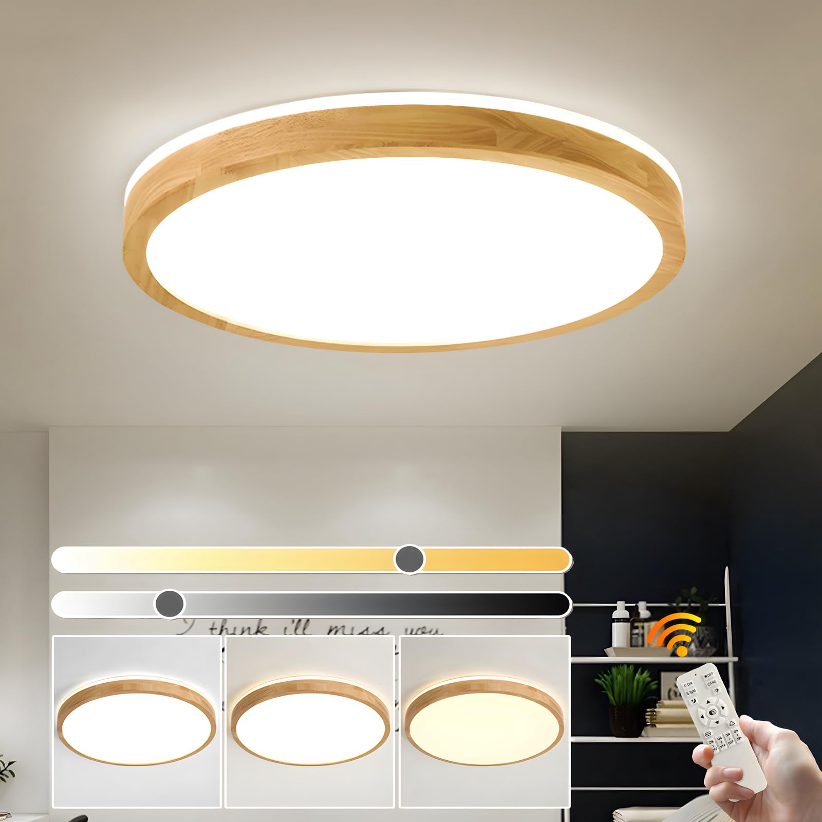 Yyutluo A:ø60cm - Stepless Dimmable (With Remote) Led Ceiling Light Wood, Top 360° Glow Round Natural Wooden Lamp | Dimmable With Remote Control 2700K-6500K, 48W | Living Room, Dining Room, Hallway, Home, Office, Children's Room(Ø60cm)