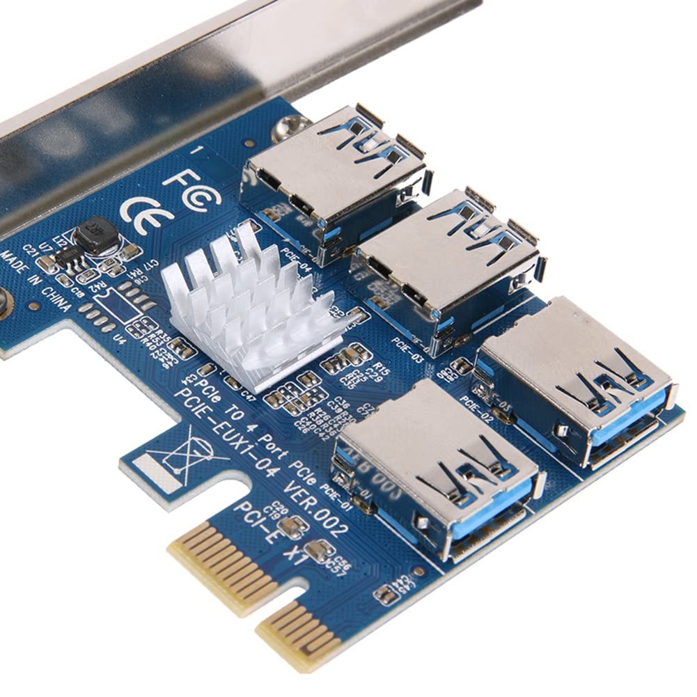 JMT PCI-E 1x a 16x Riser Card PCI-Express 1 a 4 Slot PCIe USB3.0 Adattatore Port Multiplier Miner Card per BTC Bitcoin Miner Mining (Blue Riser Card)