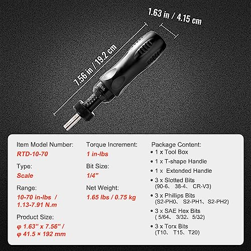 Image of VEVOR 1 /4 inch Drive Screwdriver Torque Wrench with Scale, 10-70 in /lbs Torque Range, 1 in-lbs Torque Increment Torque Screwdriver with Bits & Case