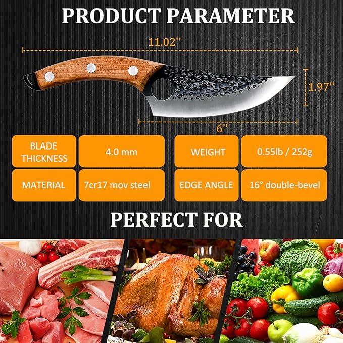 Image of Chef Knife 11 Inch, Hand Forged Meat Cleaver with Wooden Handle, Leather Sheath, Knife Sharpener, Japanese Deba Kitchen Knife for Boning, Cutting, Chopping, Home Cooking