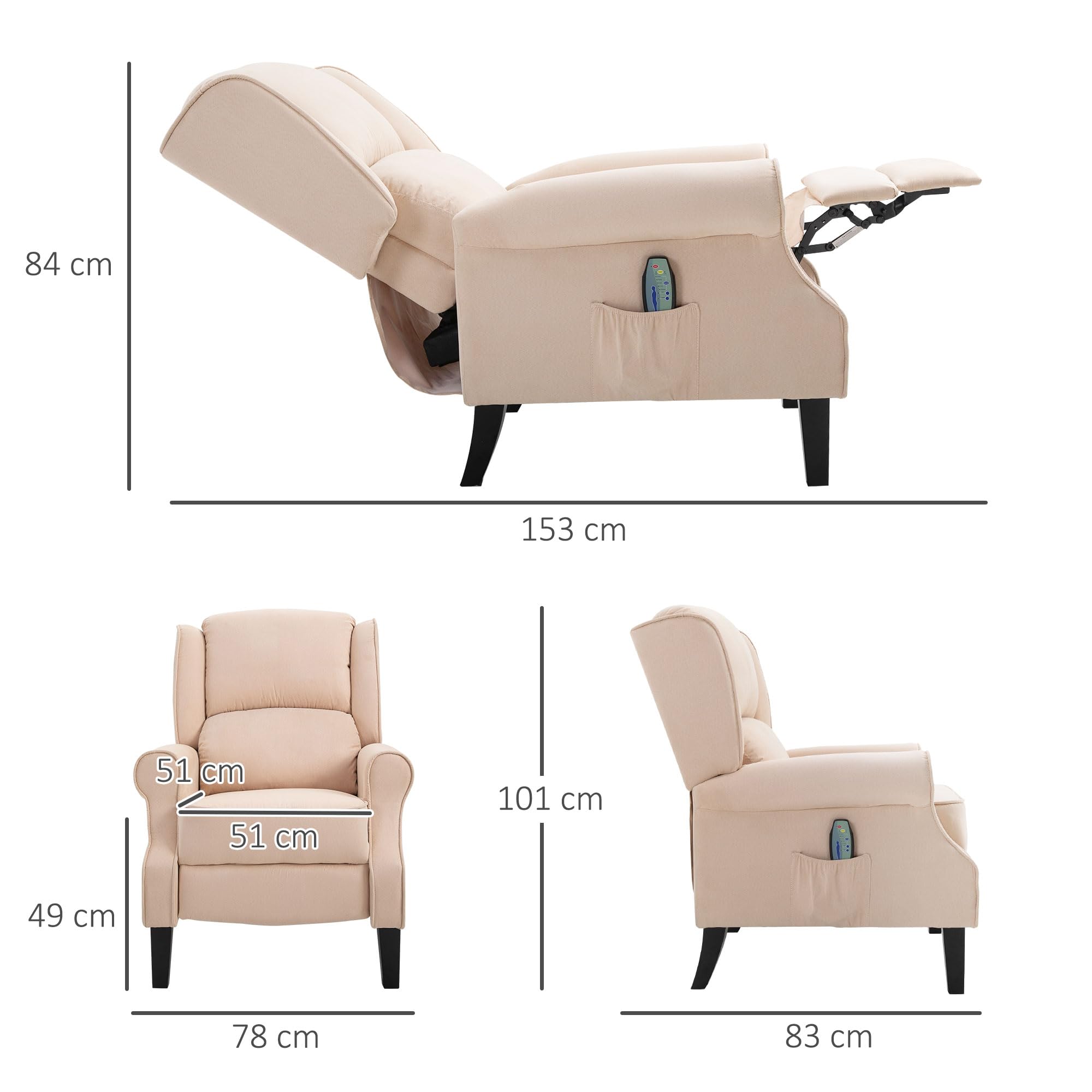 HOMCOM Sillón de Masaje Sillón Relax Reclinable con Mando a Distancia 2 Zonas de Masaje Bolsillo Lateral y Tapizado en Tejido de Ante 78x83x101 cm Crema