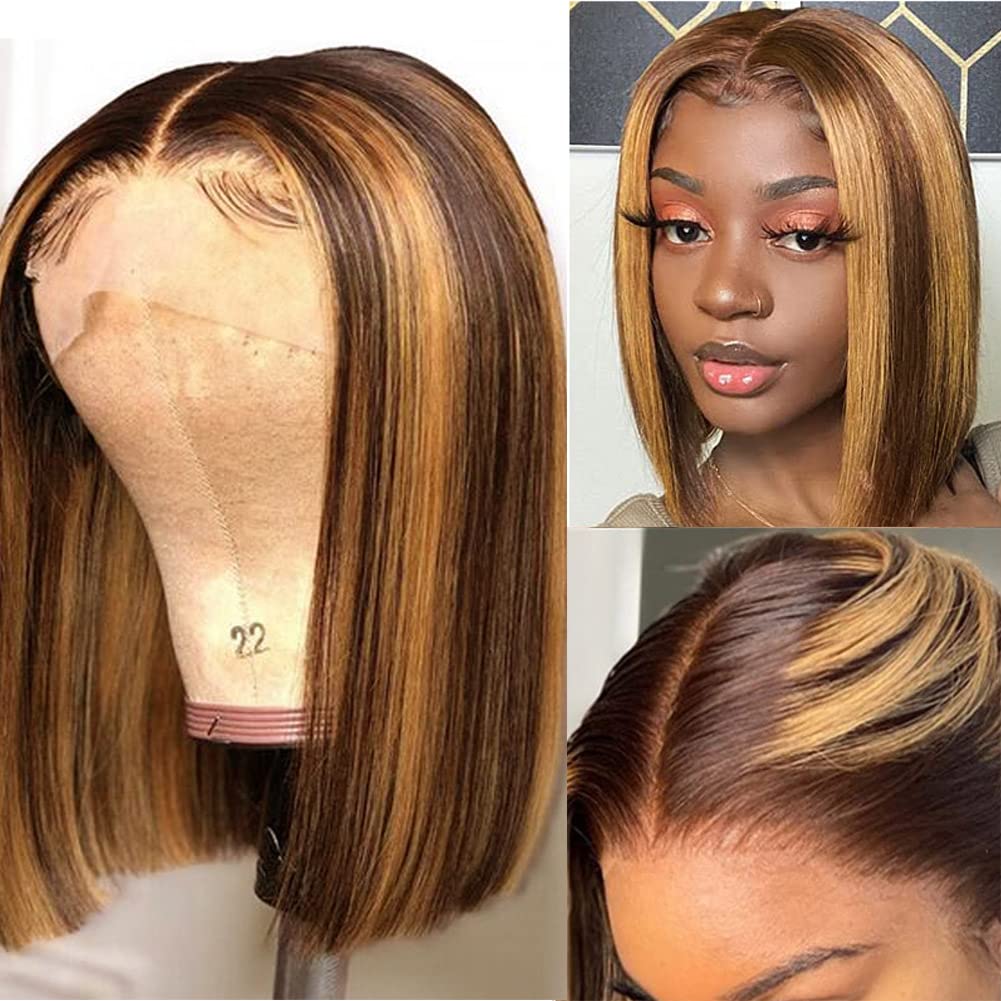 14 Inch Highlight Bob Wig Human Hair Ombre Color 4/27 T Part Lace Front Straight Wigs 13x6x1 Deep Part Brown mix Blonde Human Hair Wig Pre Plucked With Baby Hair For Black Women