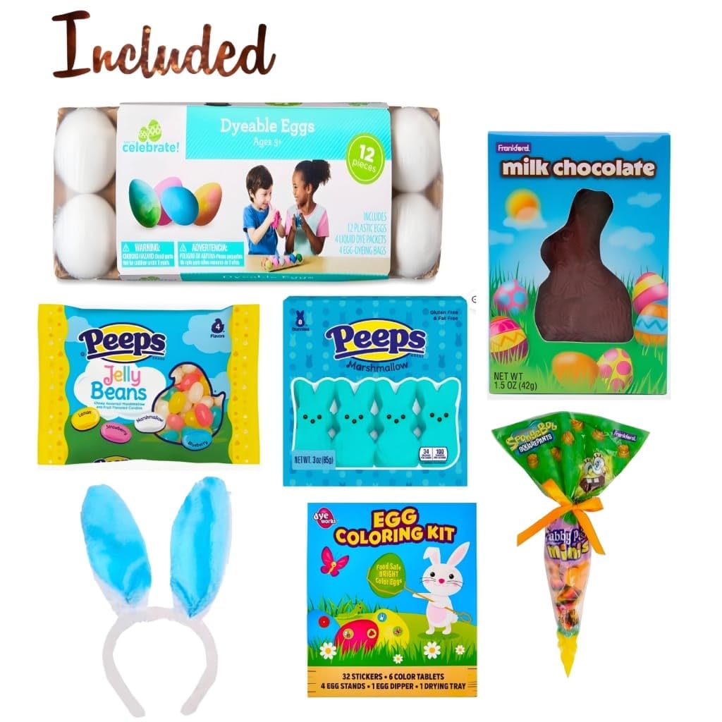 Boys Easter Egg Hunt Pre-Filled Basket for Kids, Build Your Own Candy and Toy Combo, Chocolate Eggs, Bunny Candy, Games, Coloring Book, Ages 3-10 (Creative Play Combo)