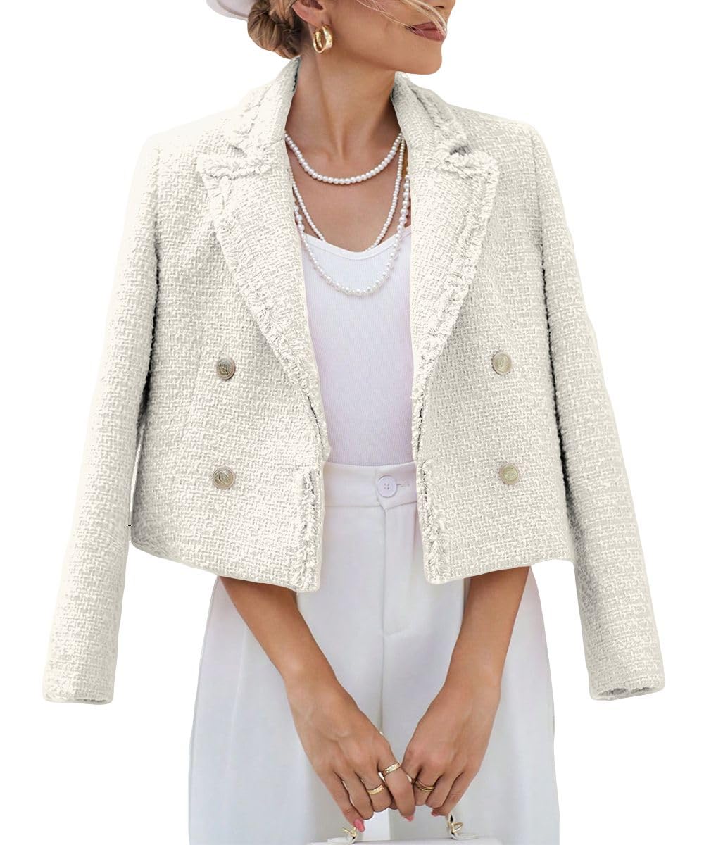 Tweed Blazers Jackets for Women 2024 Fall Fashion Lapel Cropped Elegant Open Front Office Casual Blazer