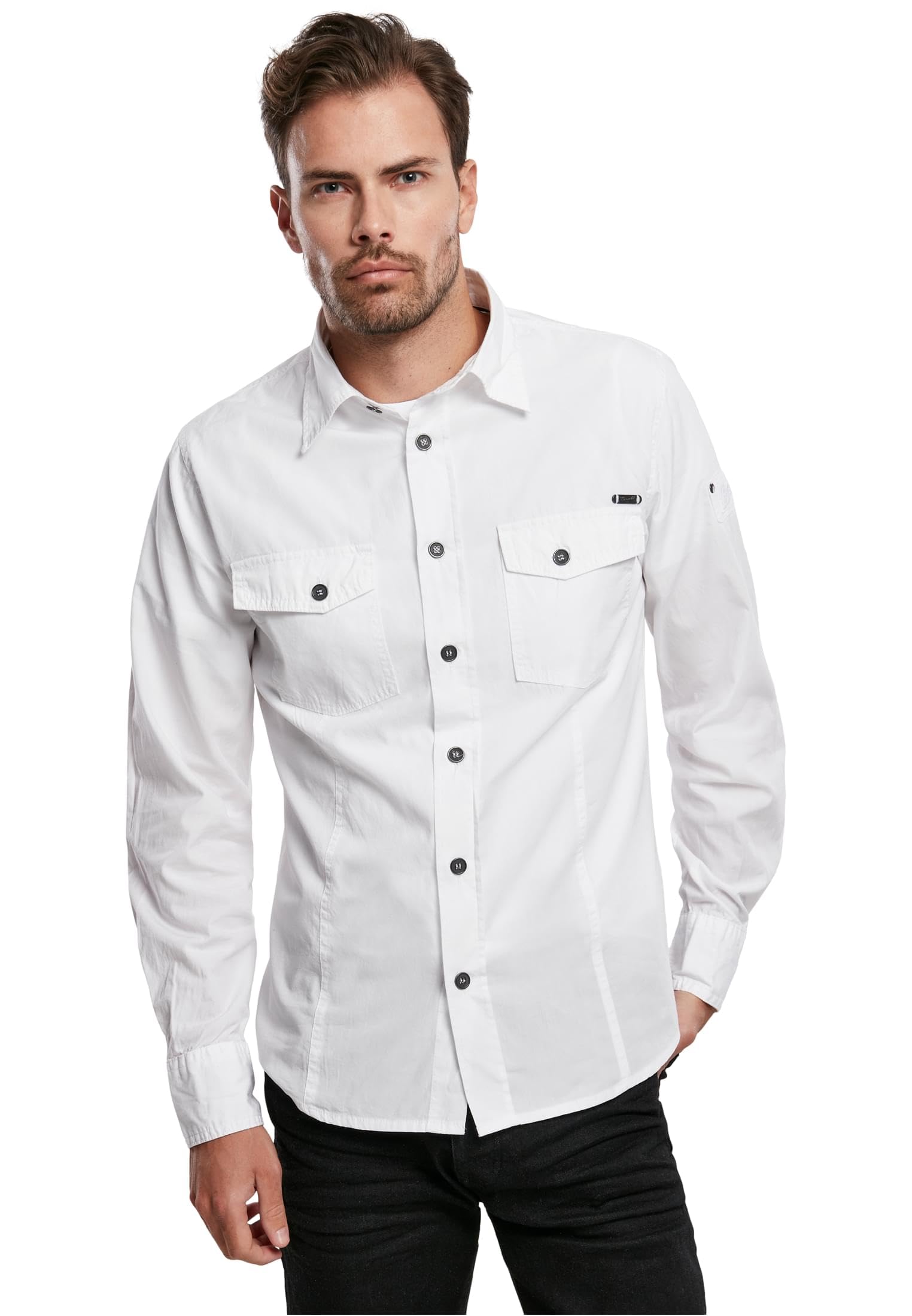 Brandit Camisa Ajustada Hombre Manga Larga Negro Labelpatch, Stickerei Estrechos