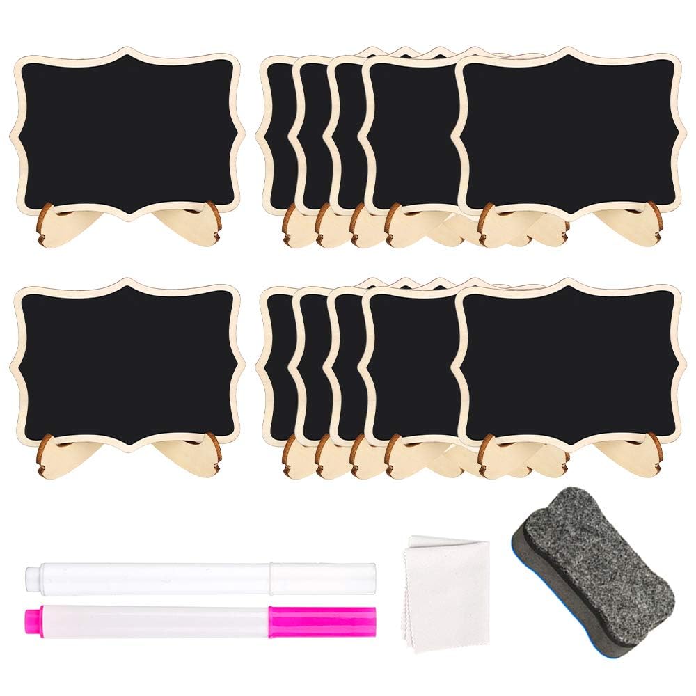 24 Pcs Mini Chalkboard Blackboard Chalkboard Signs with Stand Eraser Small Wooden Blackboards with 2 Chalk Pen Cleaning Rag for Food Labels Place Cards Table Numbers Shop Buffet Café
